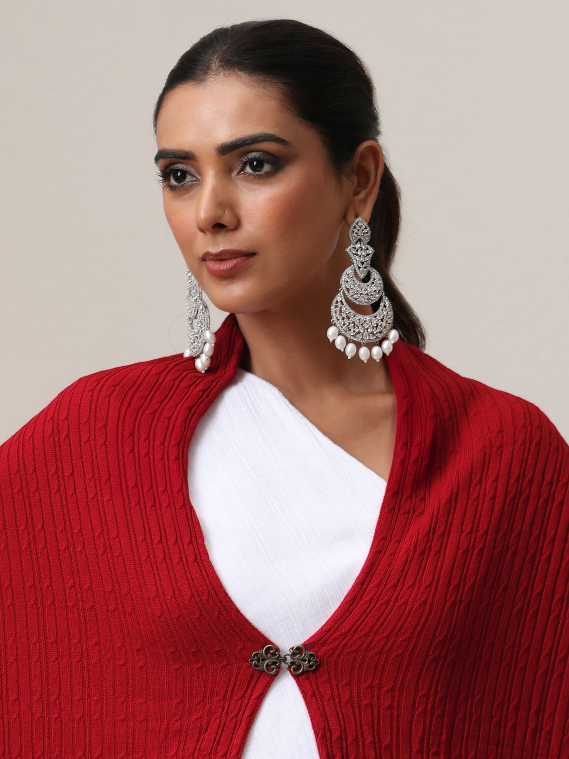 Mameraa Crimson Red Geometric Knitted Acrylic Wrap Shawl