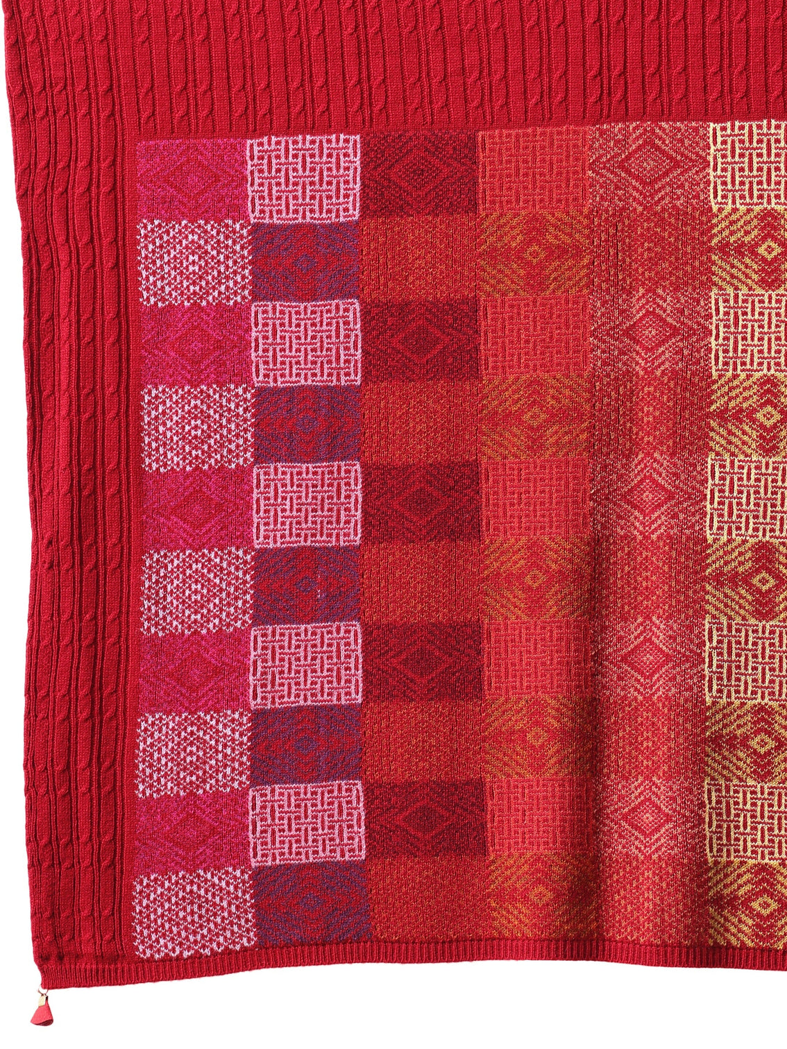 Mameraa Crimson Red Geometric Knitted Acrylic Wrap Shawl