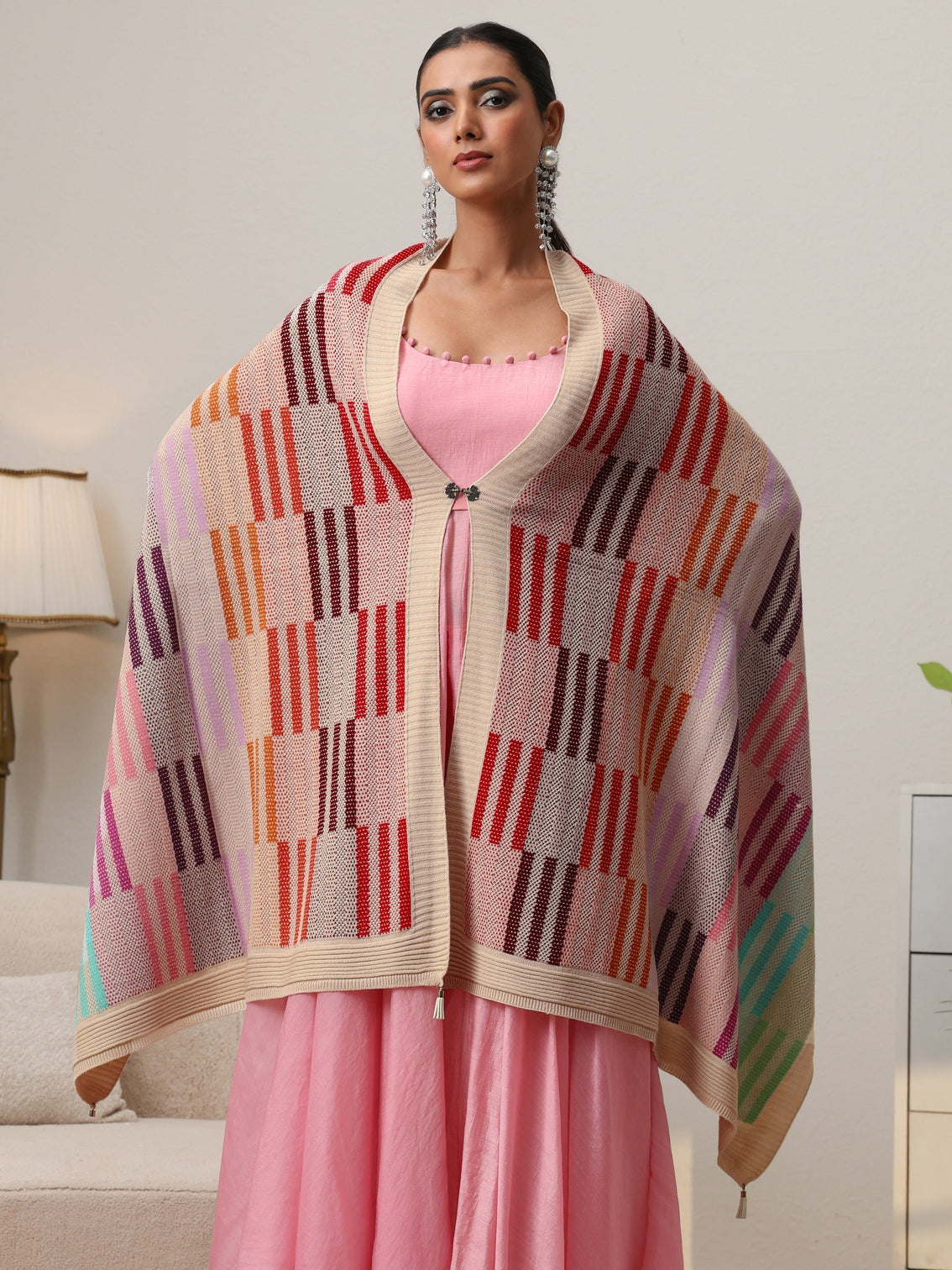 Mameraa Off White Geometric Knitted Acrylic Wrap Shawl