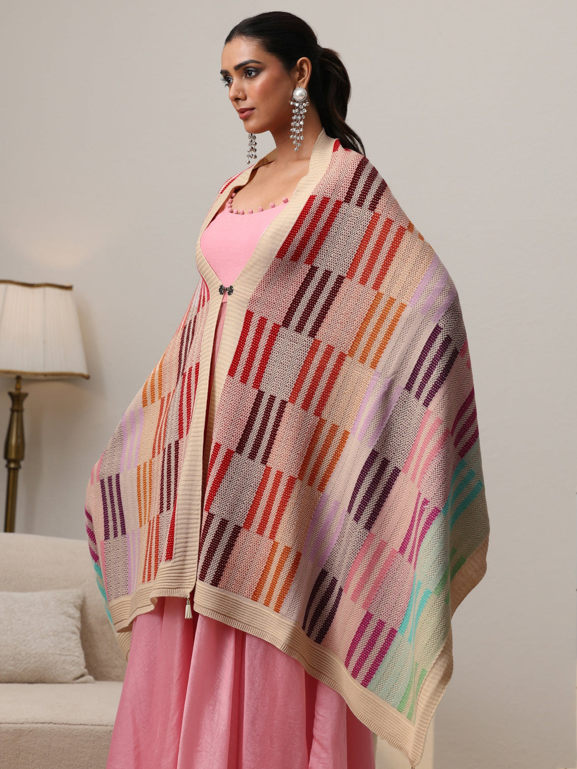 Mameraa Off White Geometric Knitted Acrylic Wrap Shawl