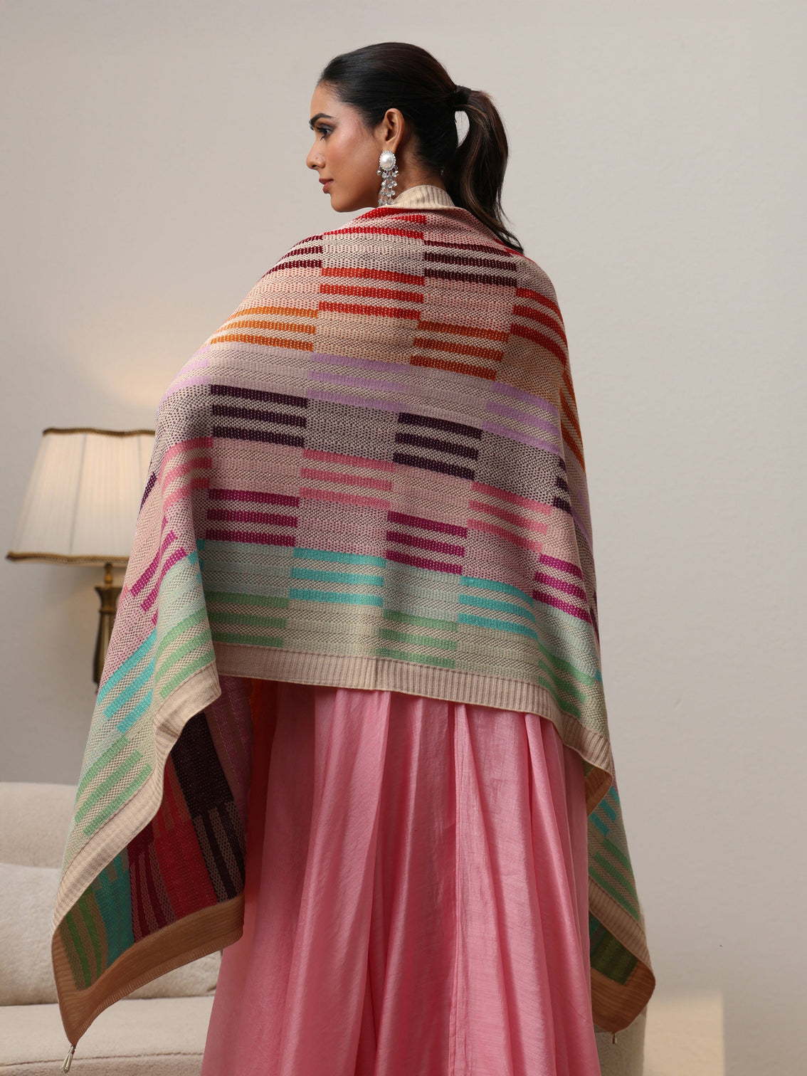 Mameraa Off White Geometric Knitted Acrylic Wrap Shawl