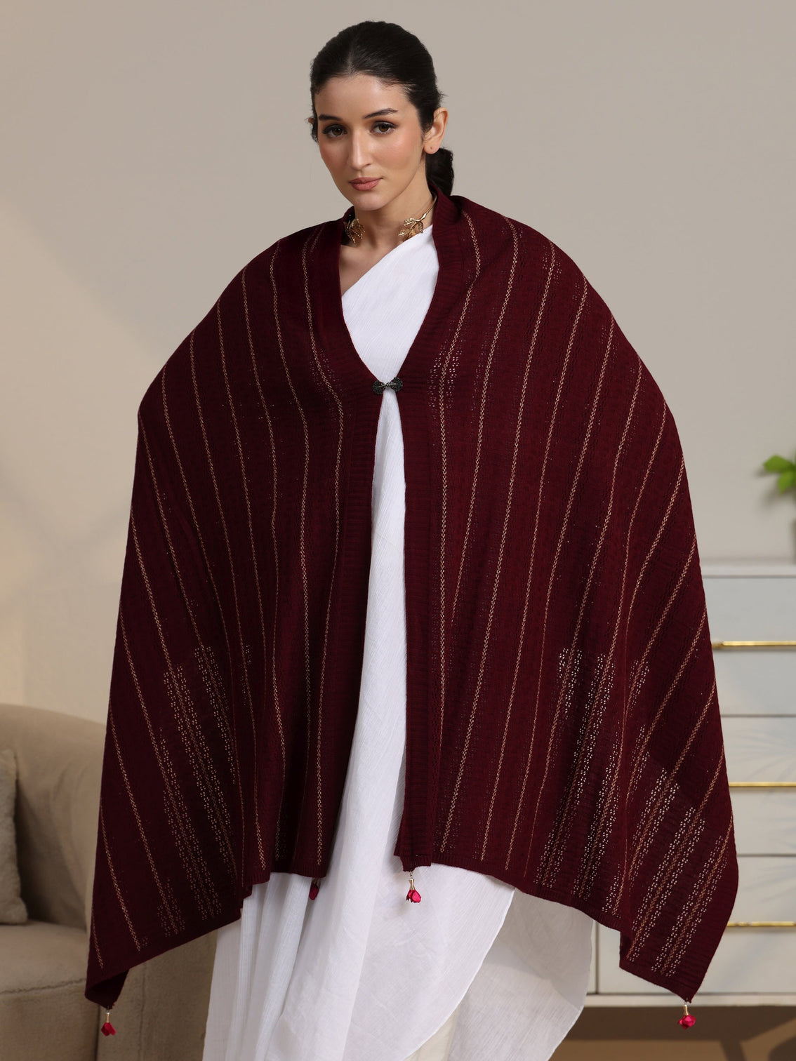 Mameraa Maroon Striped Knitted Acrylic Shawl