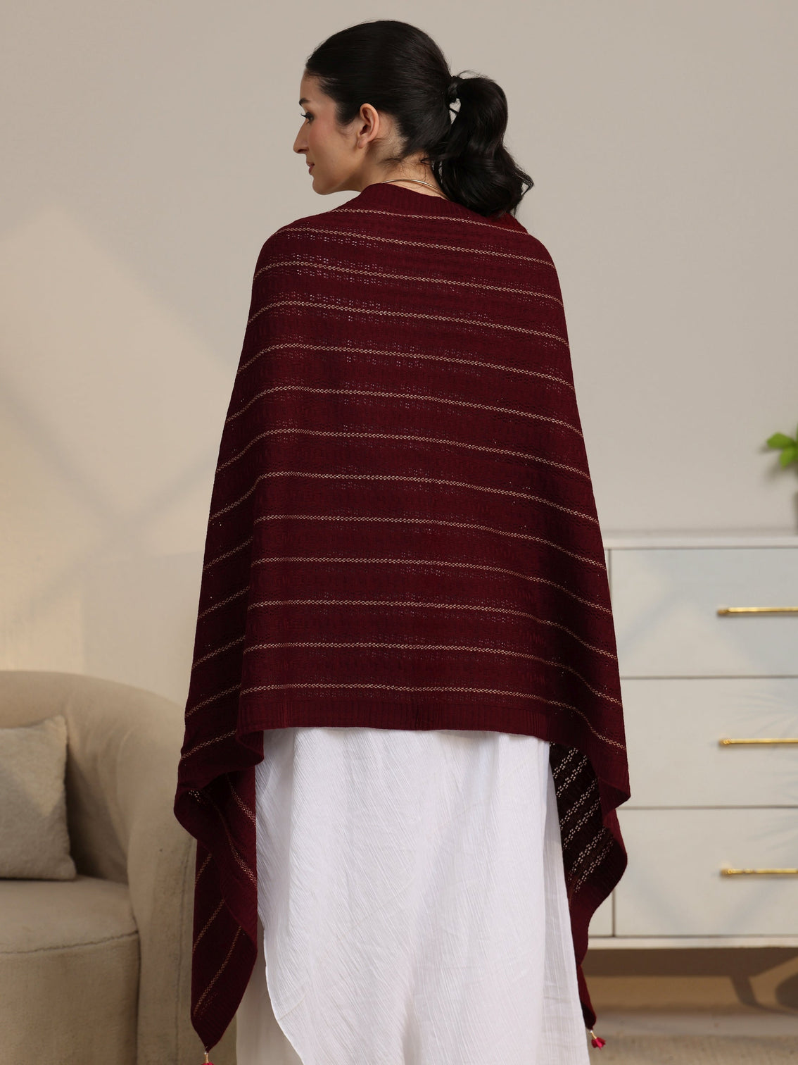 Mameraa Maroon Striped Knitted Acrylic Shawl