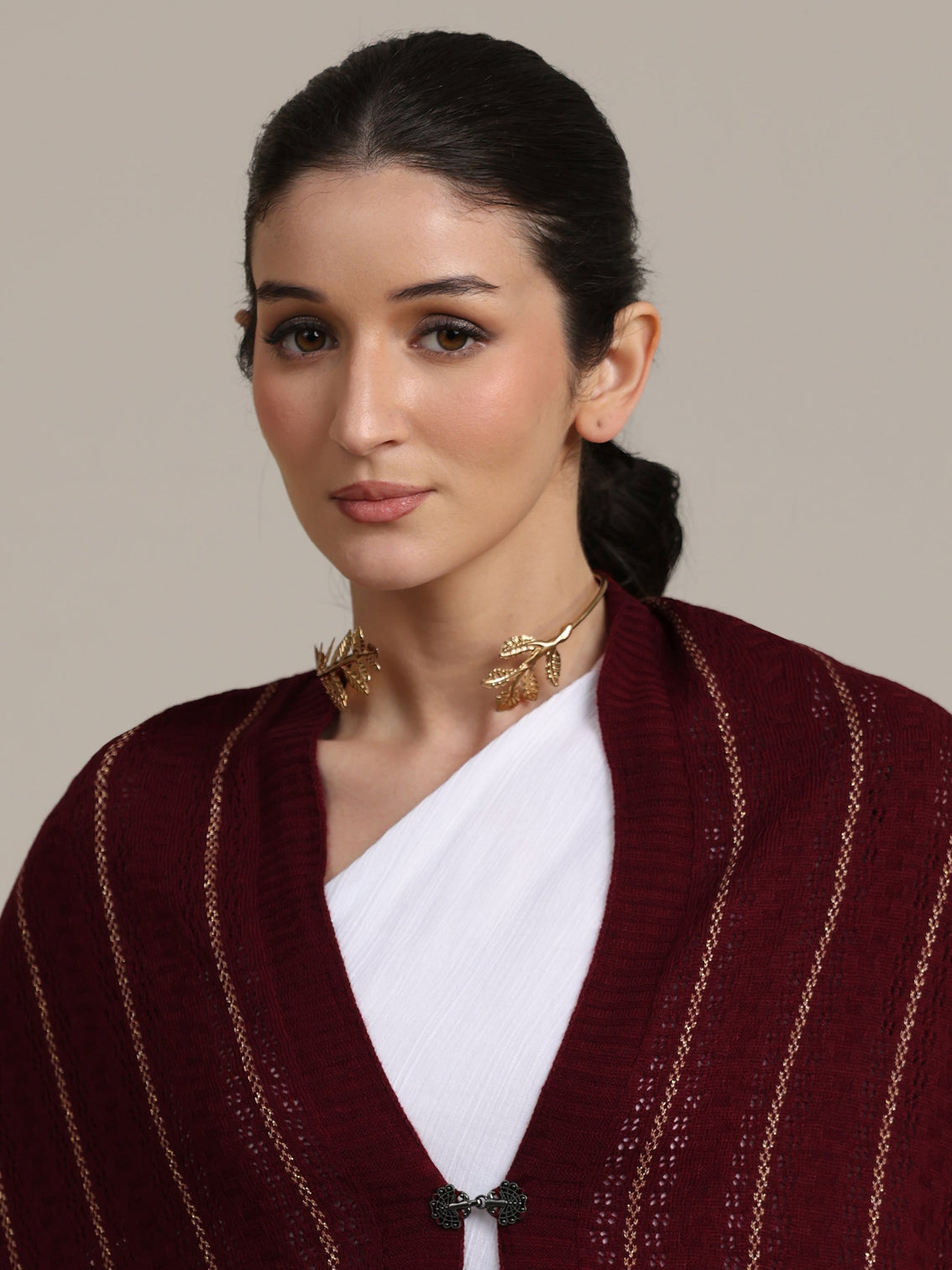 Mameraa Maroon Striped Knitted Acrylic Shawl