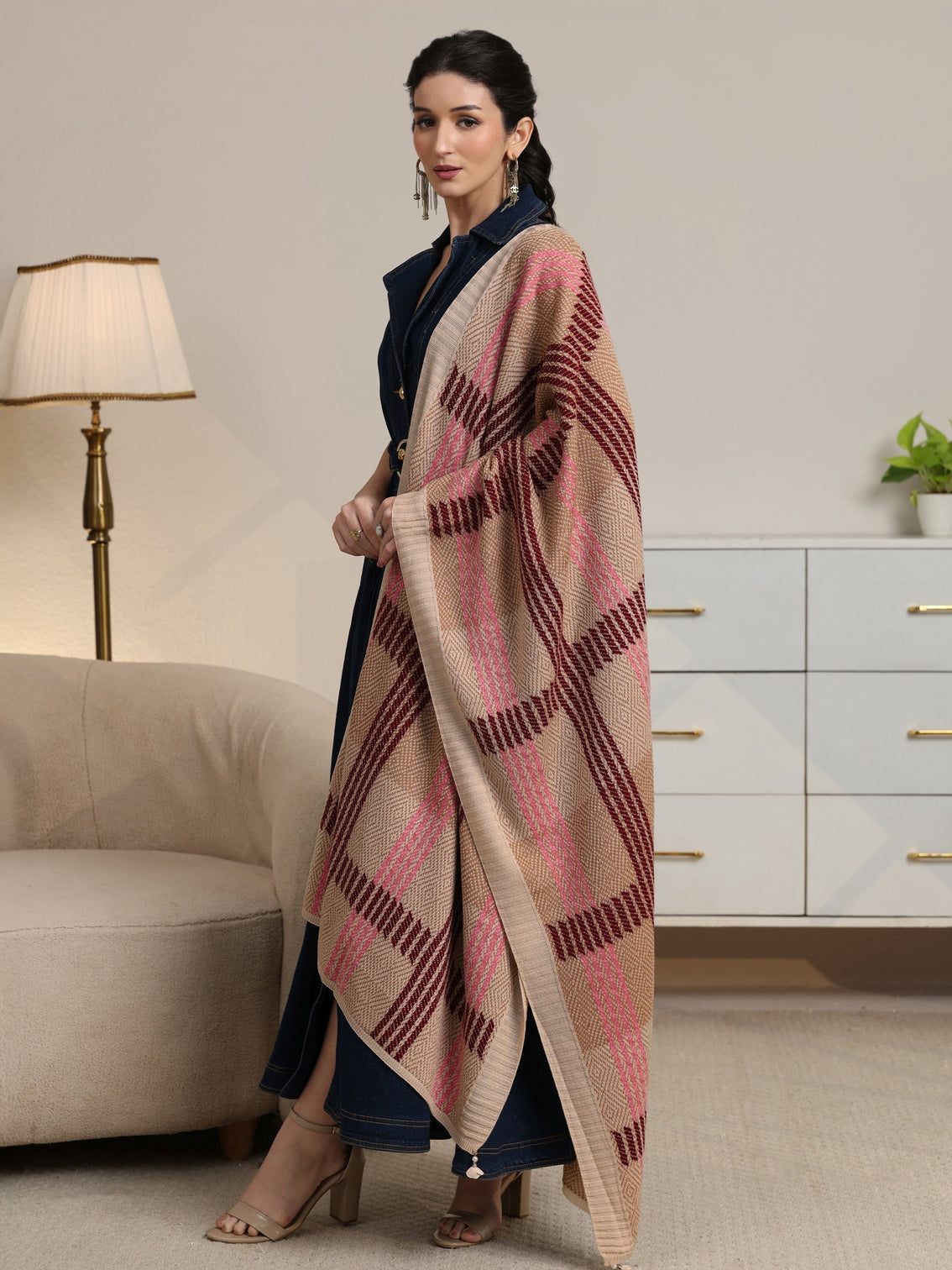 Mameraa Beige Geometric Knitted Acrylic Shawl