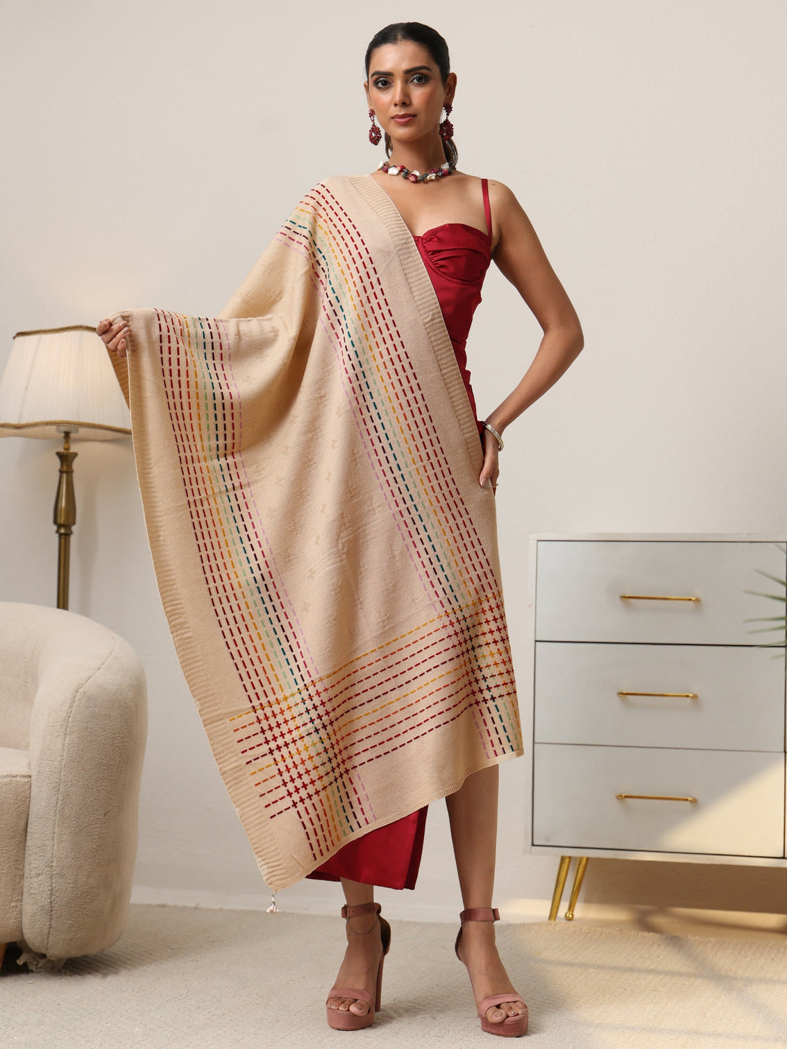 Mameraa Off White Geometric Knitted Acrylic Shawl