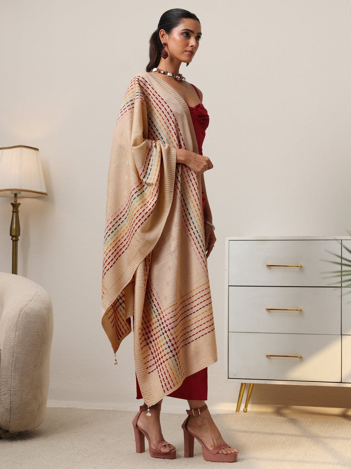 Mameraa Off White Geometric Knitted Acrylic Shawl