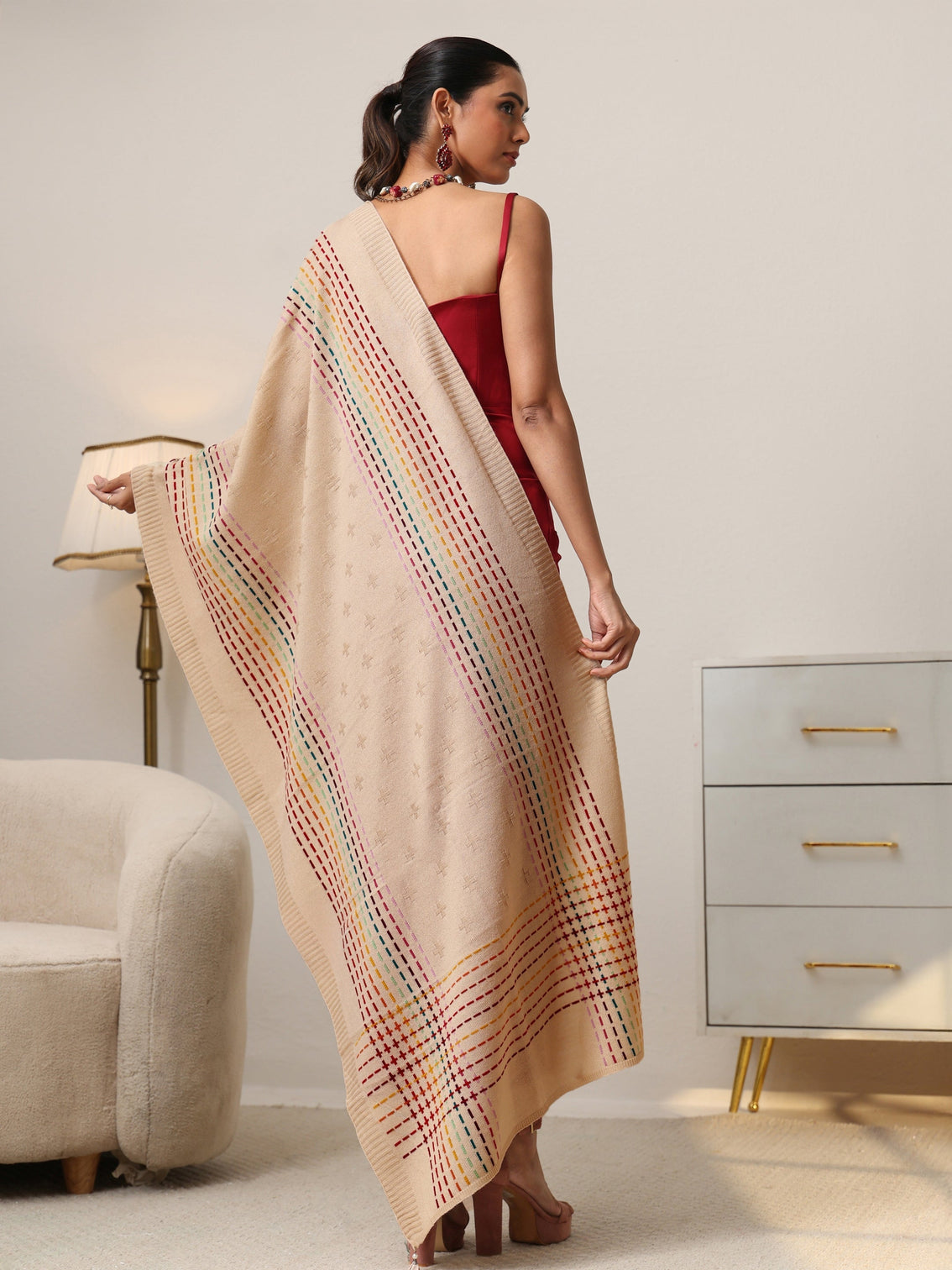 Mameraa Off White Geometric Knitted Acrylic Shawl