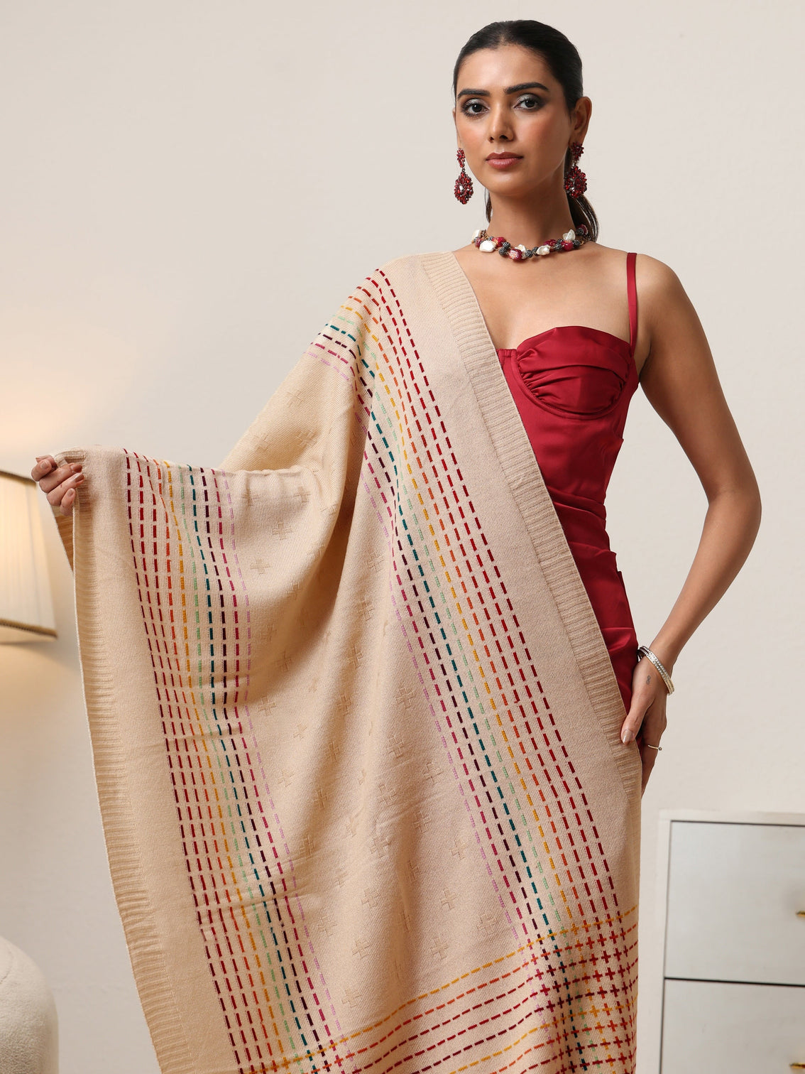 Mameraa Off White Geometric Knitted Acrylic Shawl