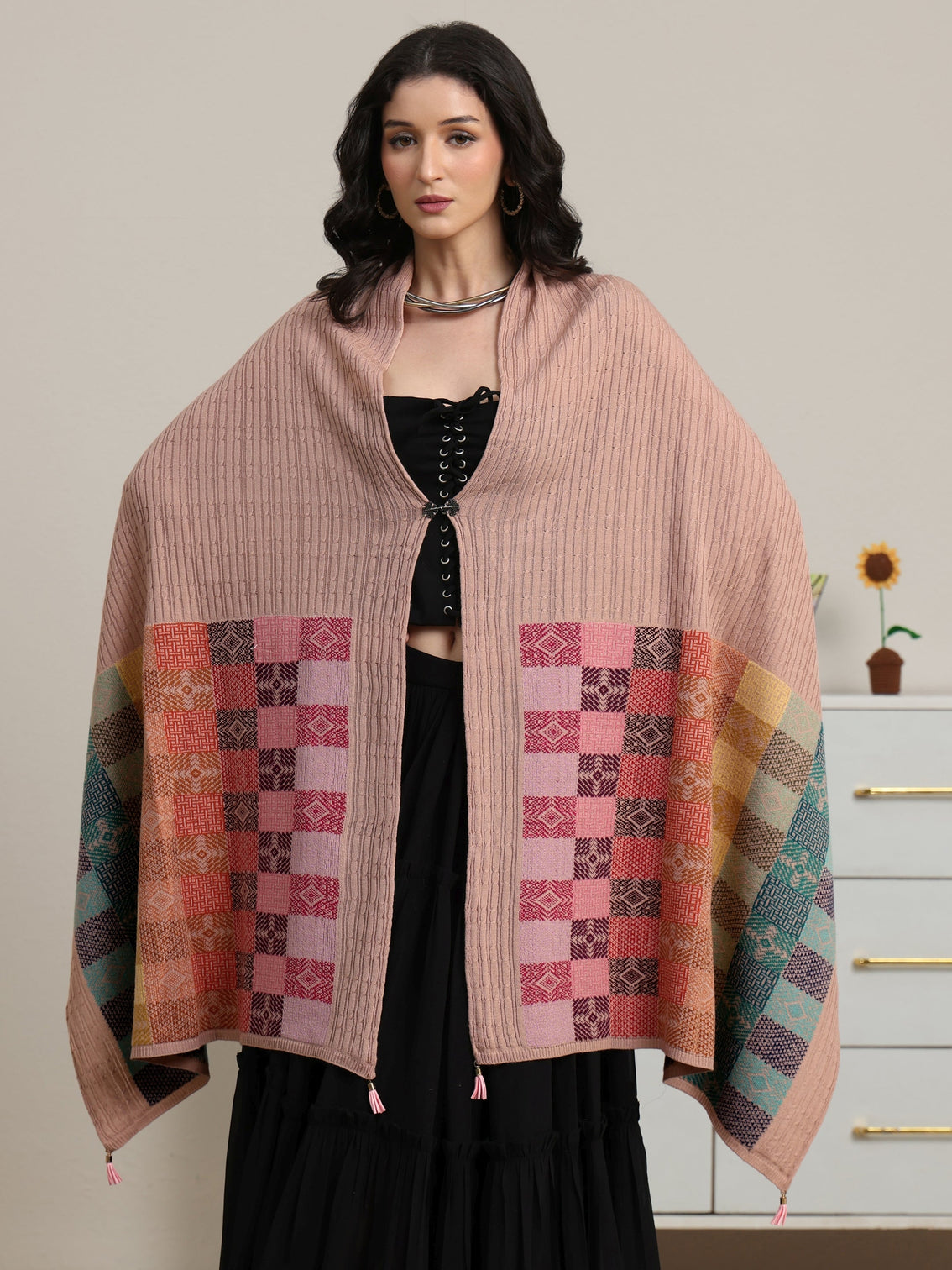 Mameraa Pink Ethnic Knitted Acrylic Shawl