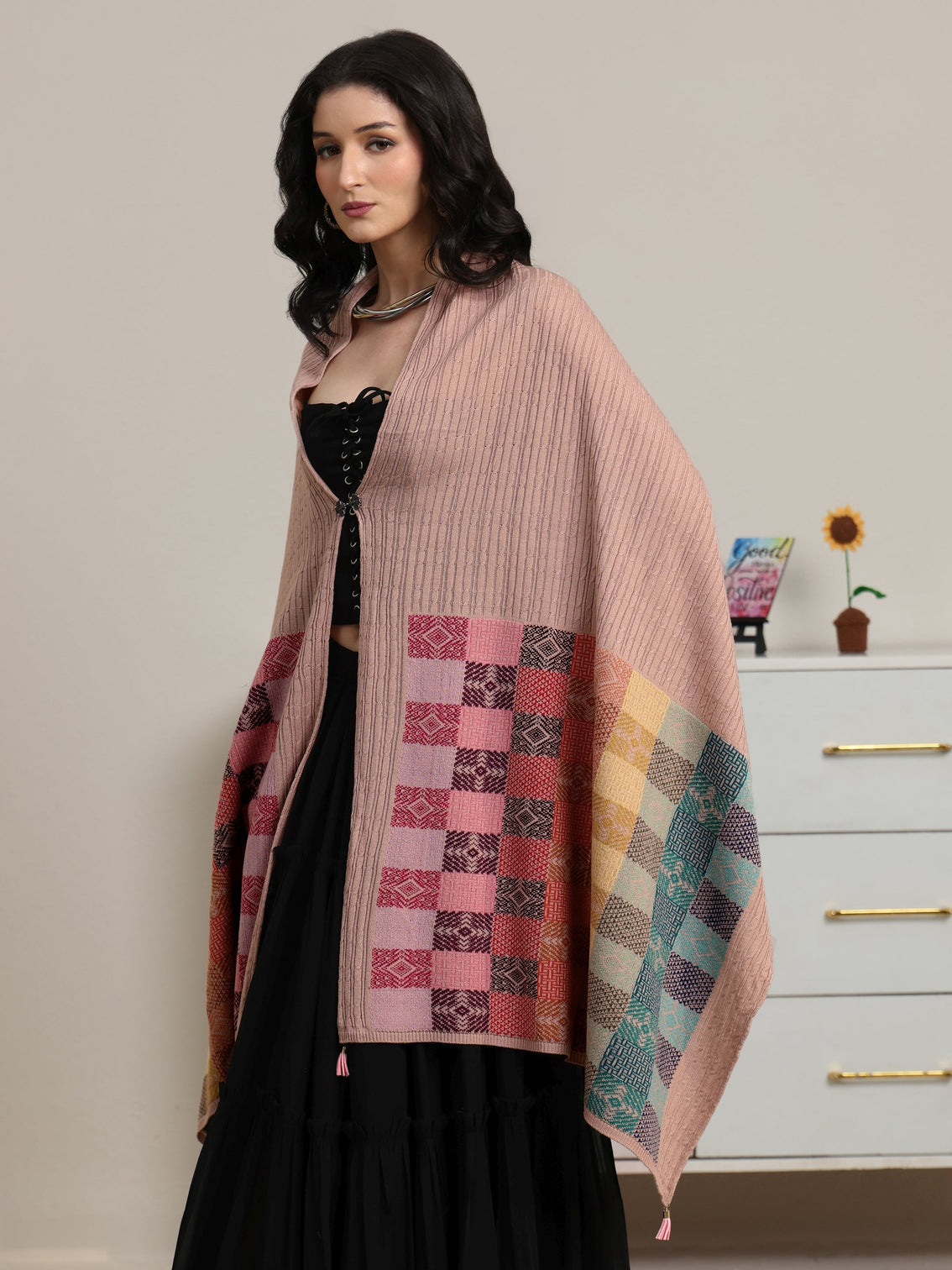 Mameraa Pink Ethnic Knitted Acrylic Shawl