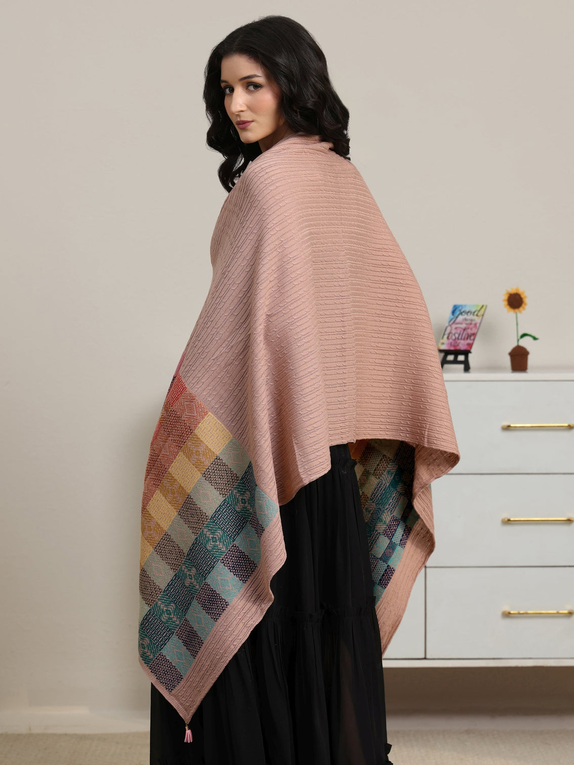 Mameraa Pink Ethnic Knitted Acrylic Shawl