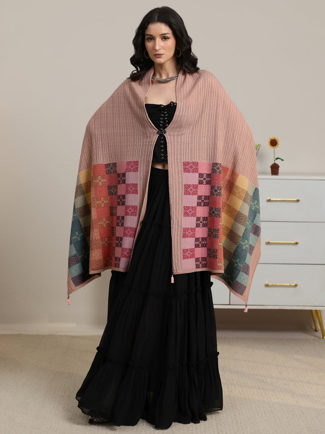 Mameraa Pink Ethnic Knitted Acrylic Shawl