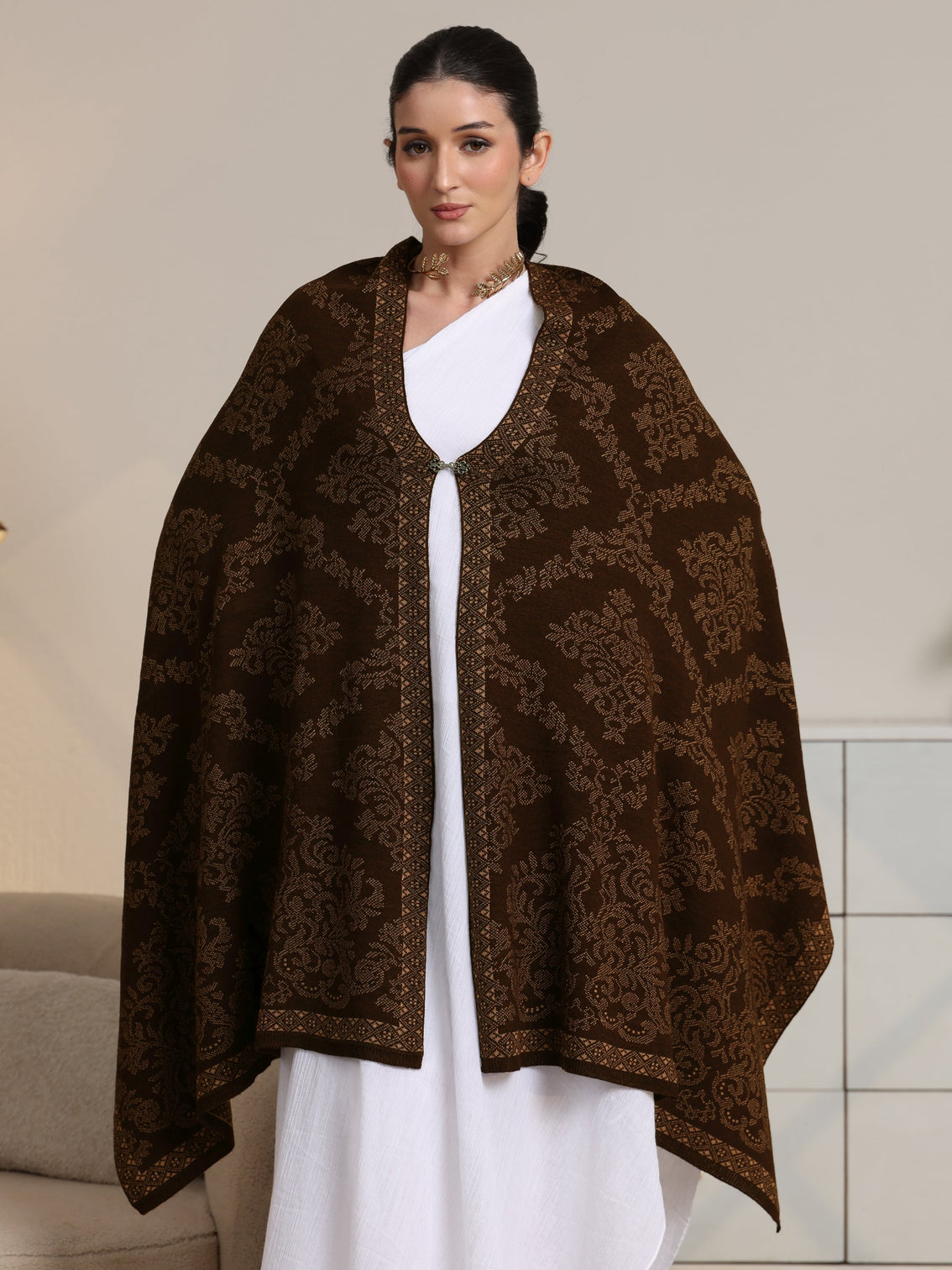Mameraa Brown Ethnic Knitted Acrylic Wrap Shawl