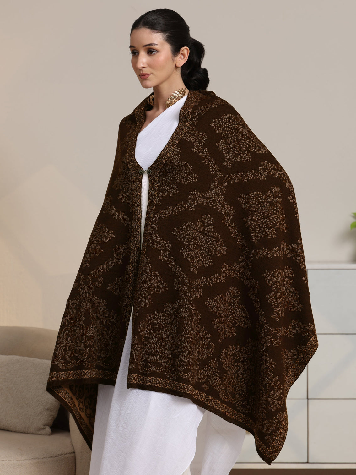 Mameraa Brown Ethnic Knitted Acrylic Wrap Shawl