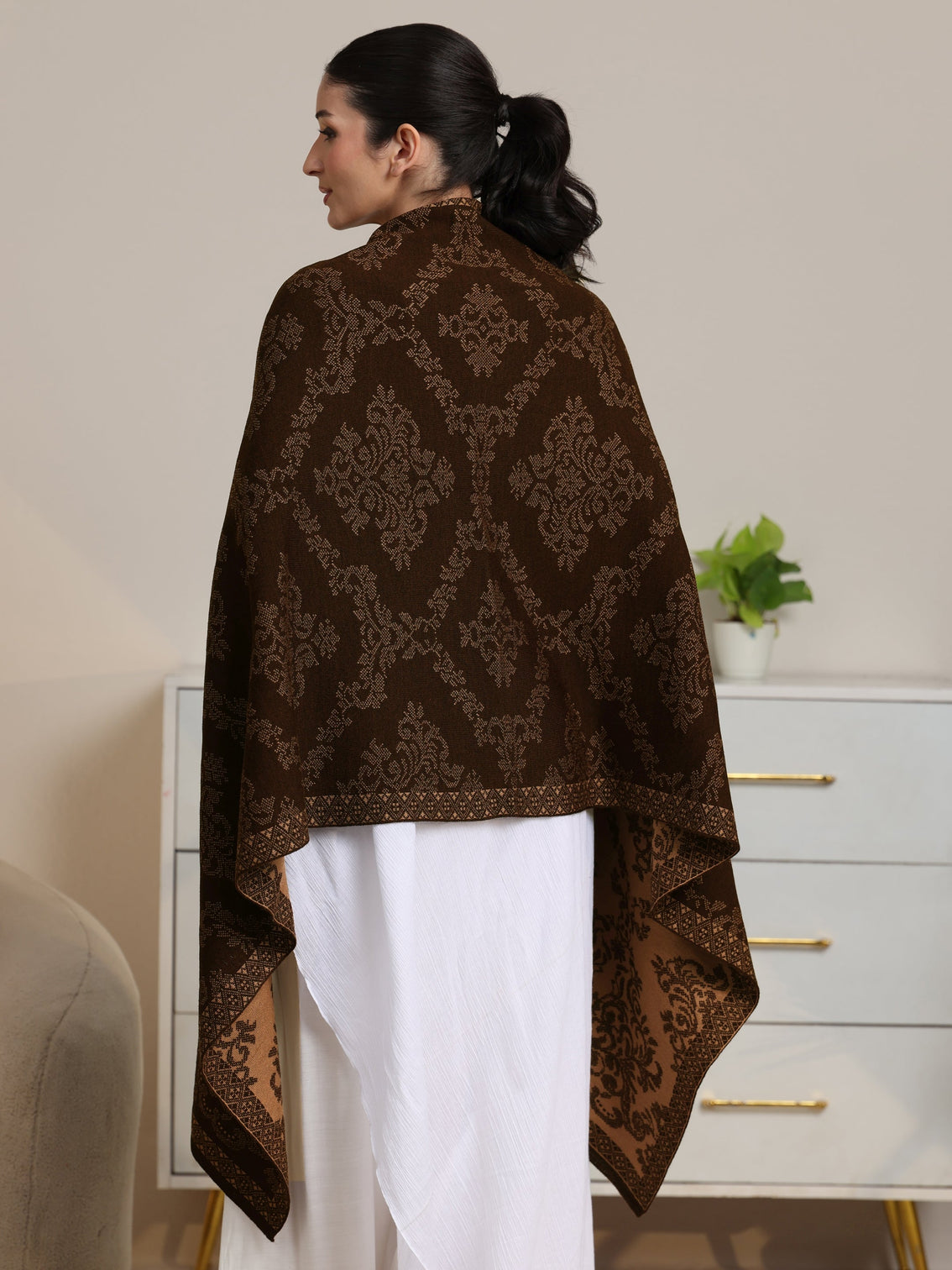 Mameraa Brown Ethnic Knitted Acrylic Wrap Shawl