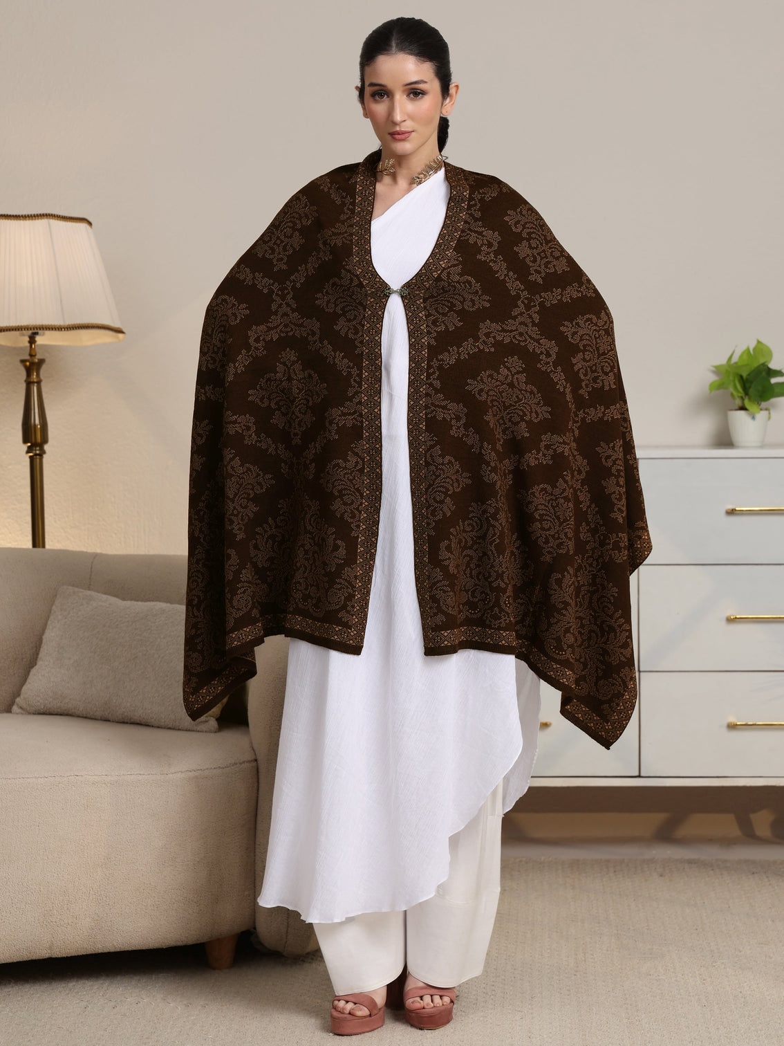 Mameraa Brown Ethnic Knitted Acrylic Wrap Shawl