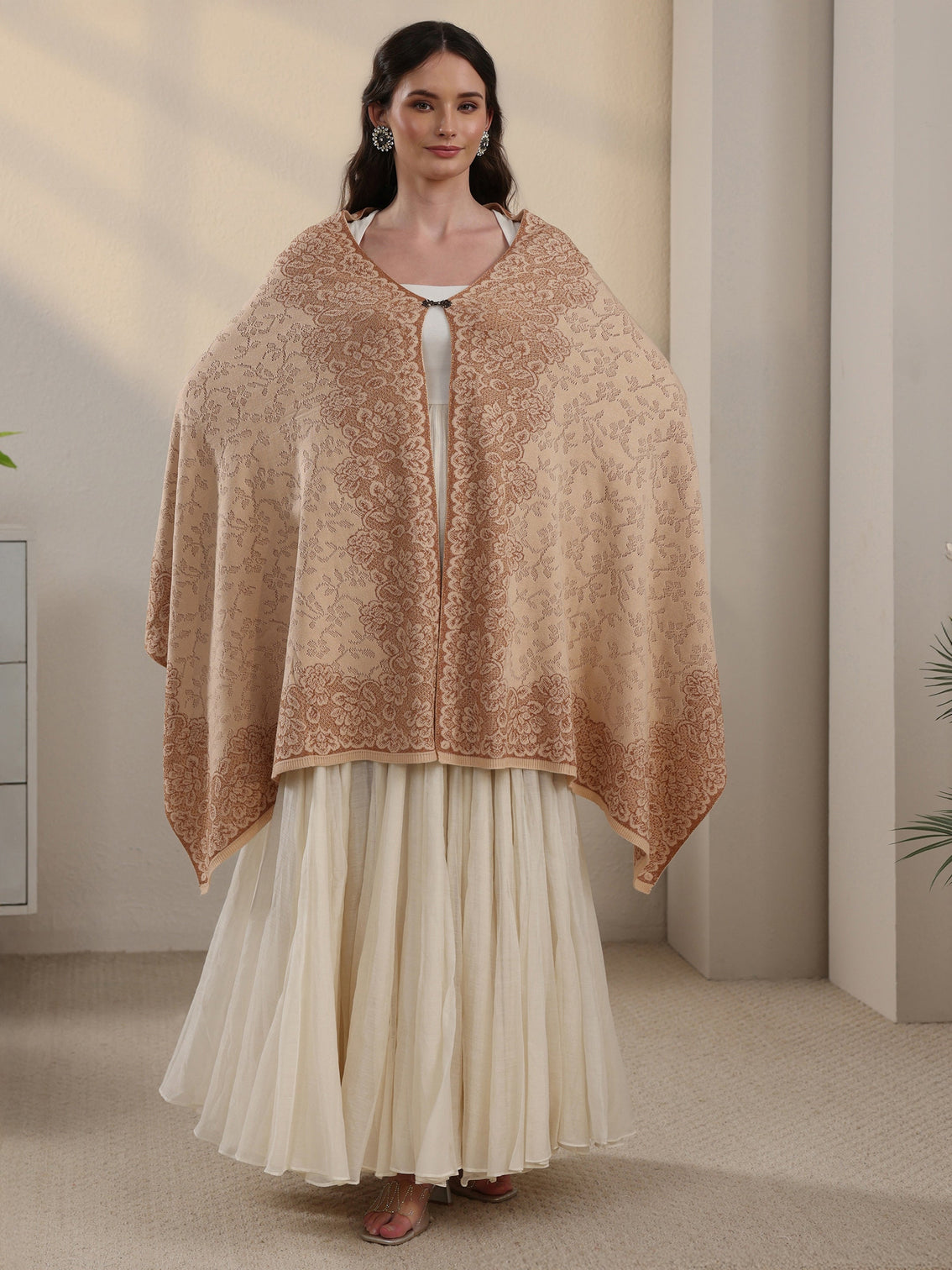 Mameraa Off White Floral Embroidered Acrylic Wrap Shawl