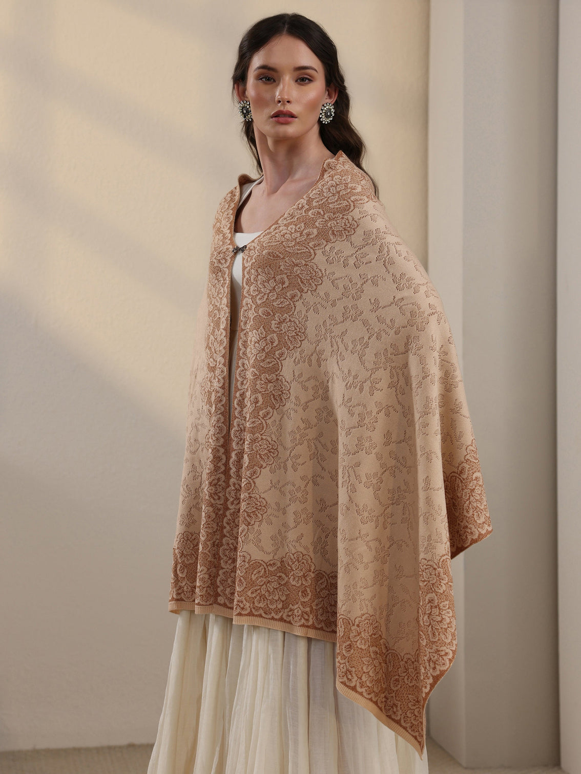 Mameraa Off White Floral Embroidered Acrylic Wrap Shawl