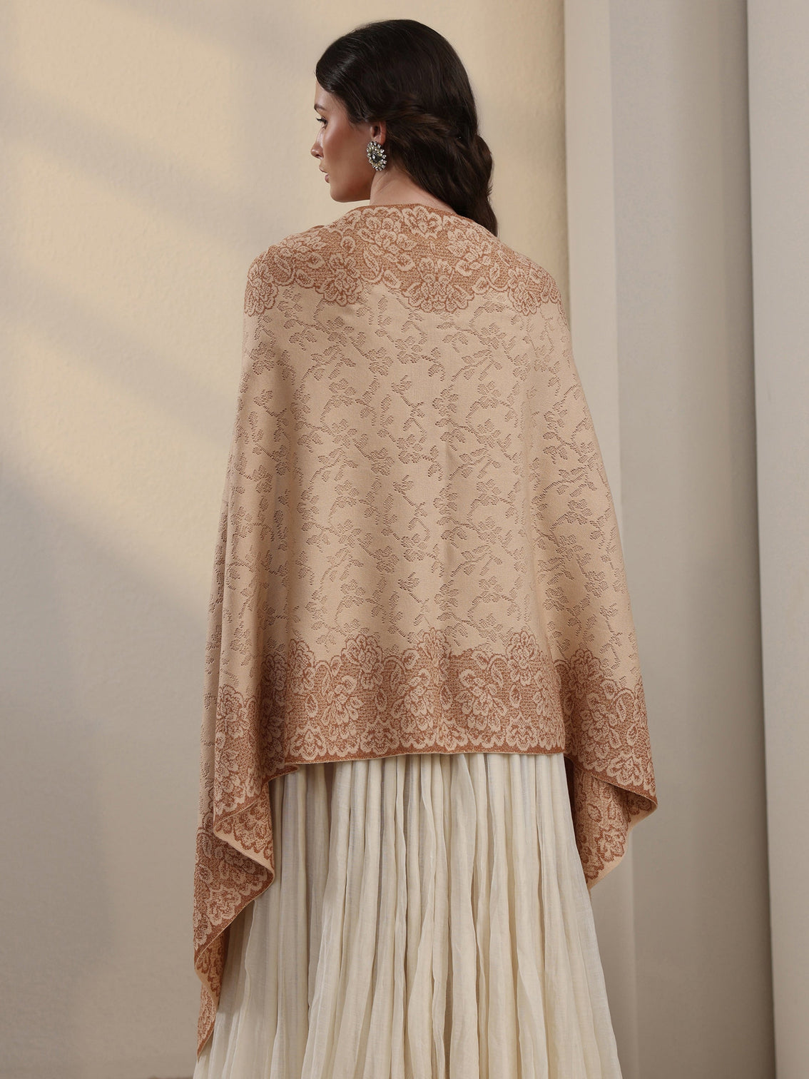 Mameraa Off White Floral Embroidered Acrylic Wrap Shawl
