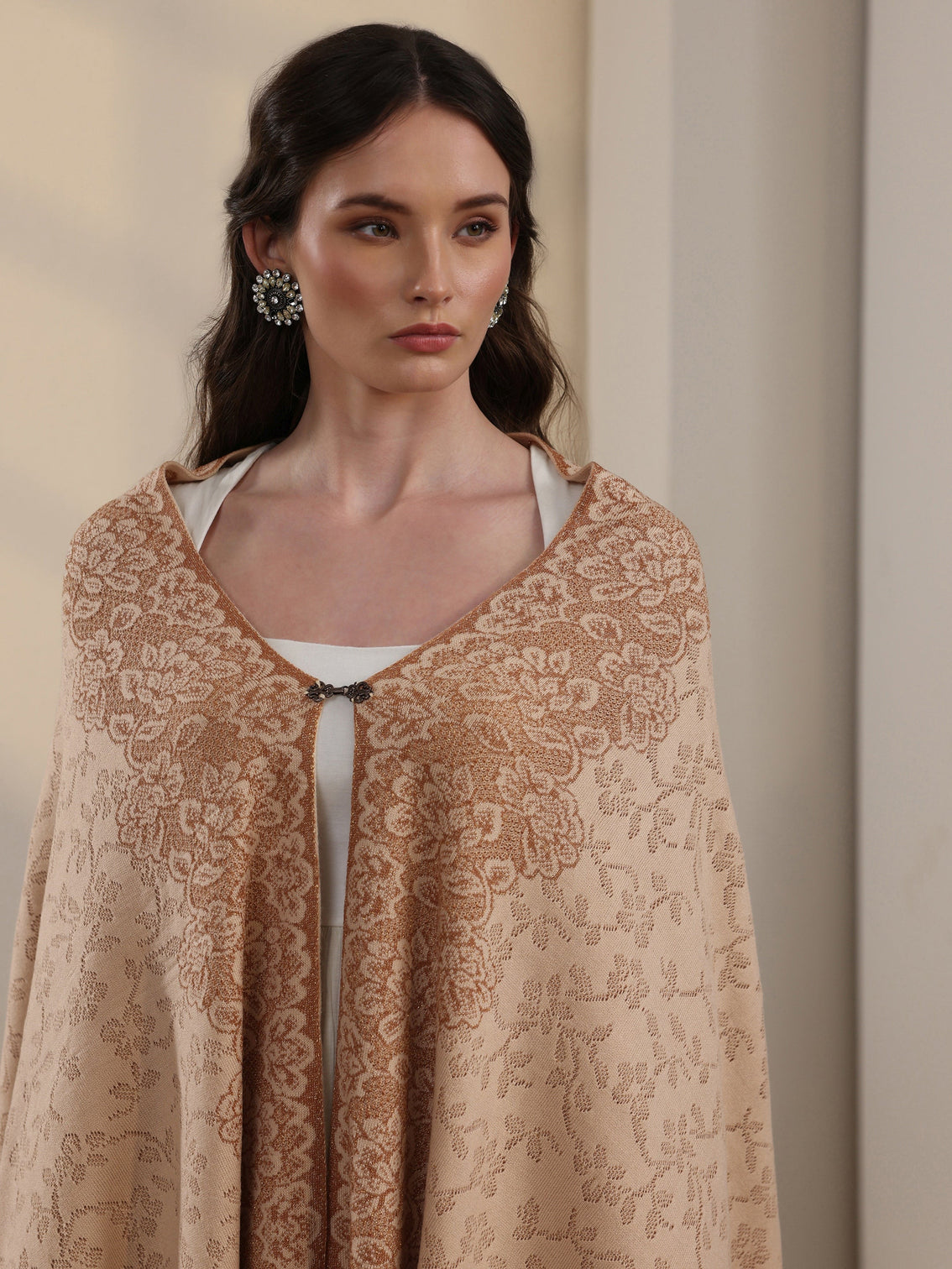Mameraa Off White Floral Embroidered Acrylic Wrap Shawl