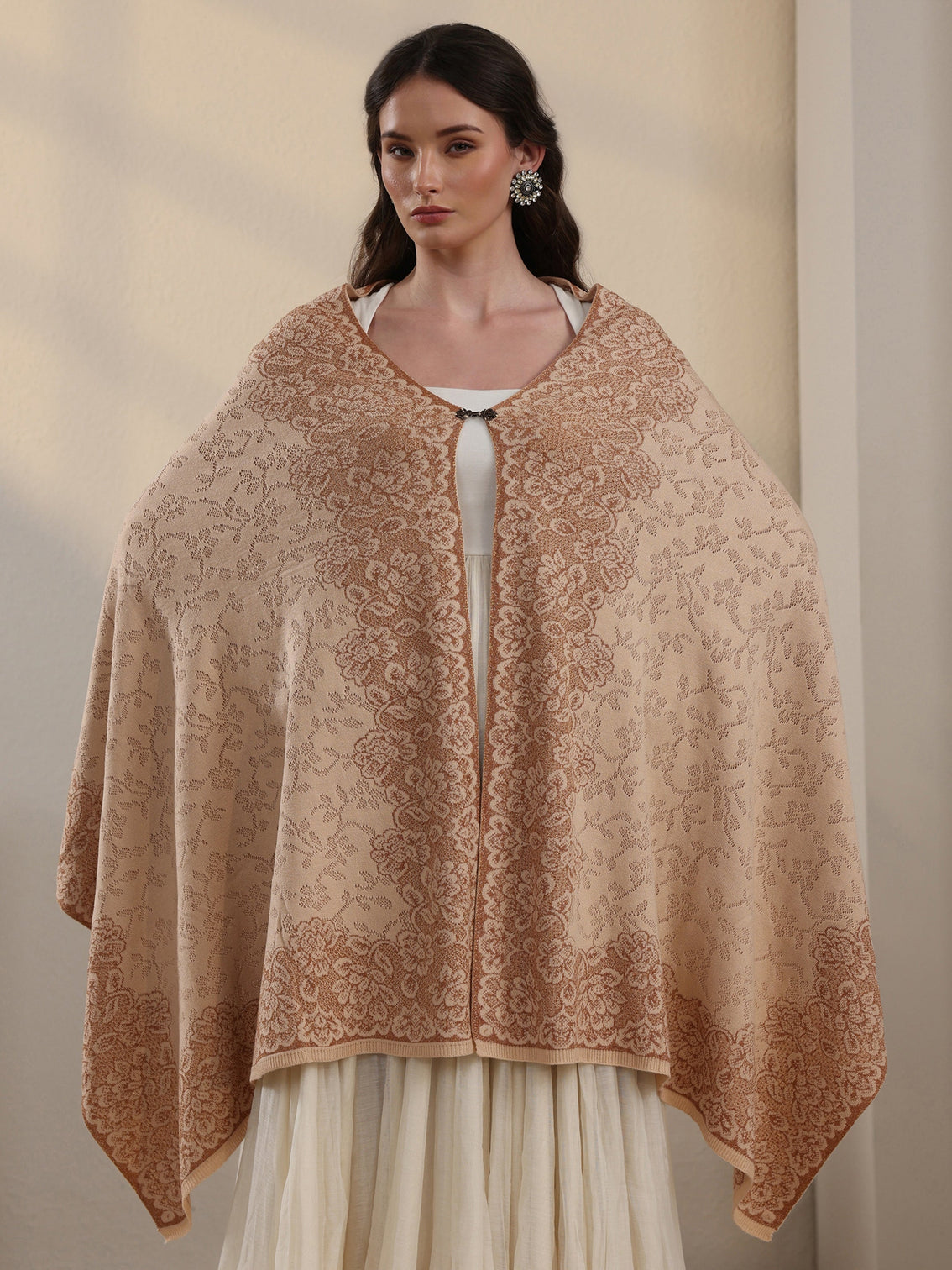 Mameraa Off White Floral Embroidered Acrylic Wrap Shawl