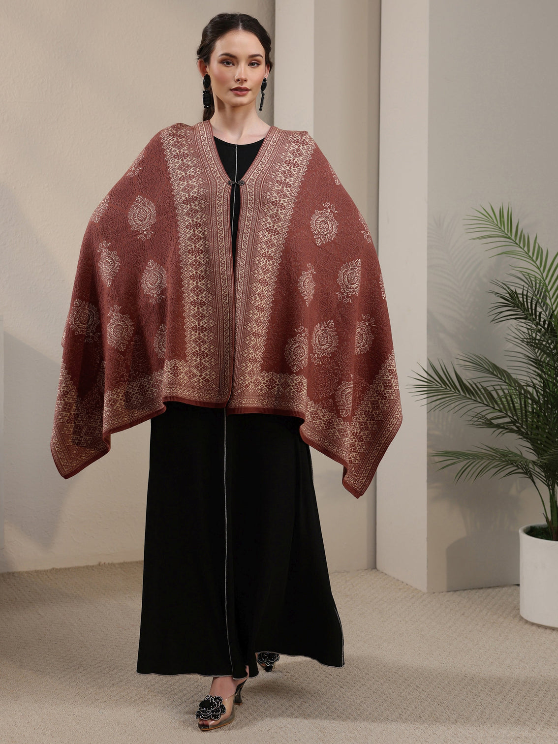 Mameraa Rust Brown Ethnic Embroidered Acrylic Wrap Shawl