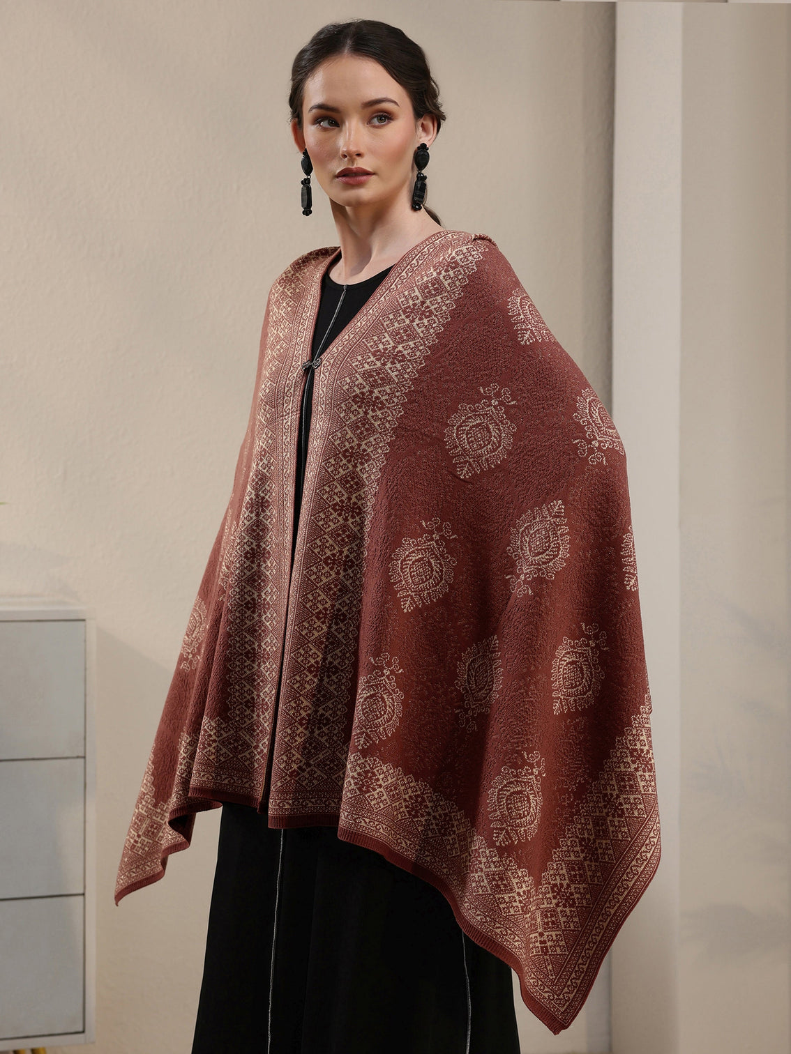 Mameraa Rust Brown Ethnic Embroidered Acrylic Wrap Shawl
