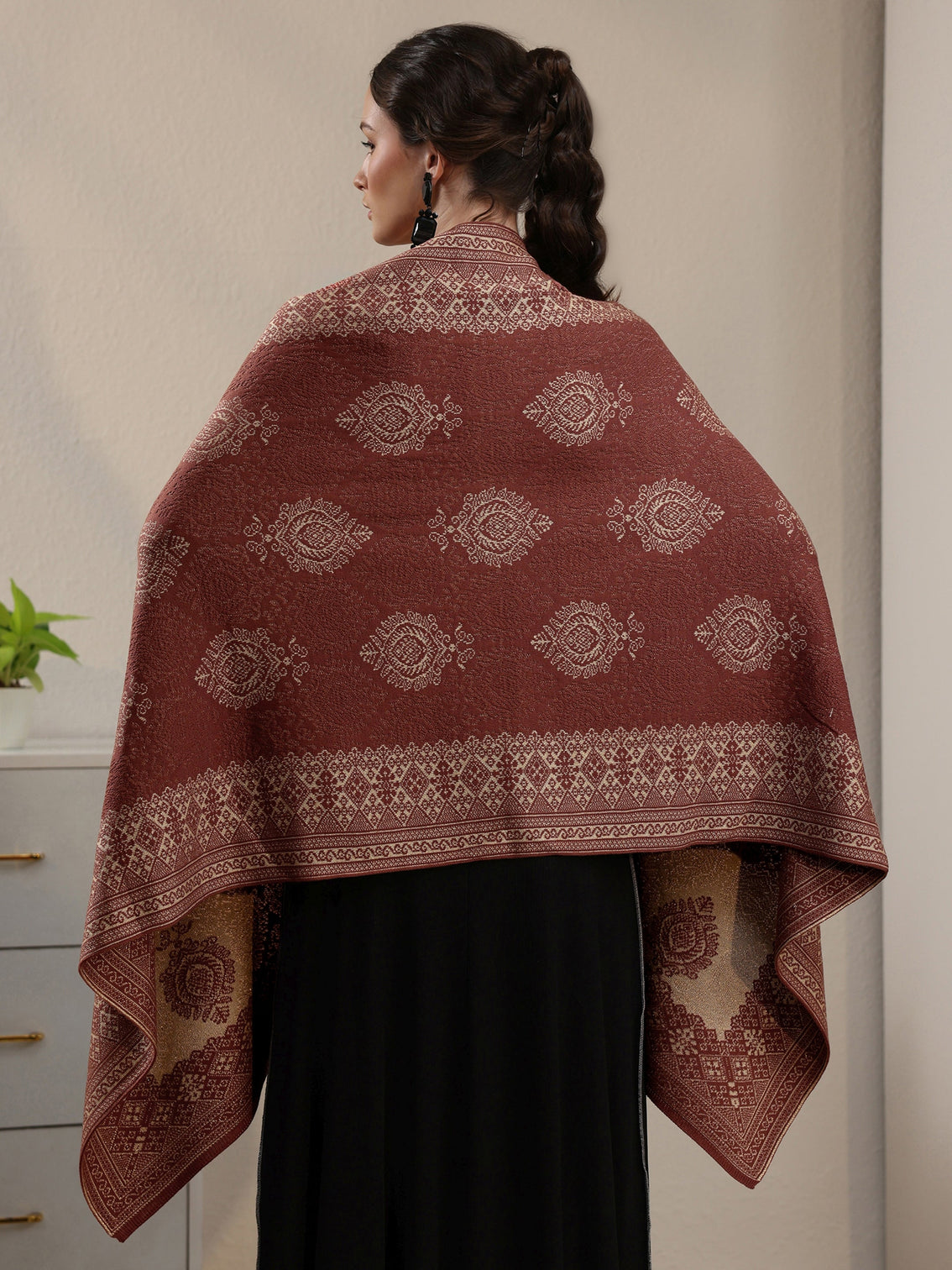 Mameraa Rust Brown Ethnic Embroidered Acrylic Wrap Shawl