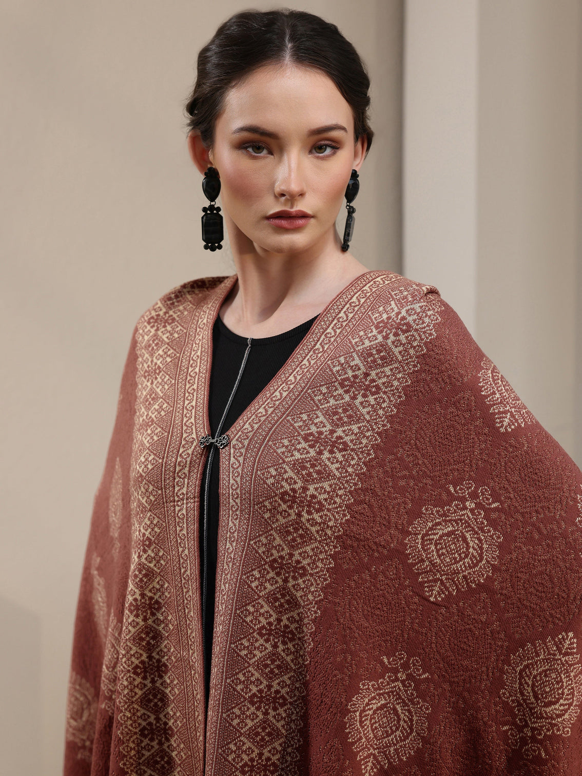 Mameraa Rust Brown Ethnic Embroidered Acrylic Wrap Shawl