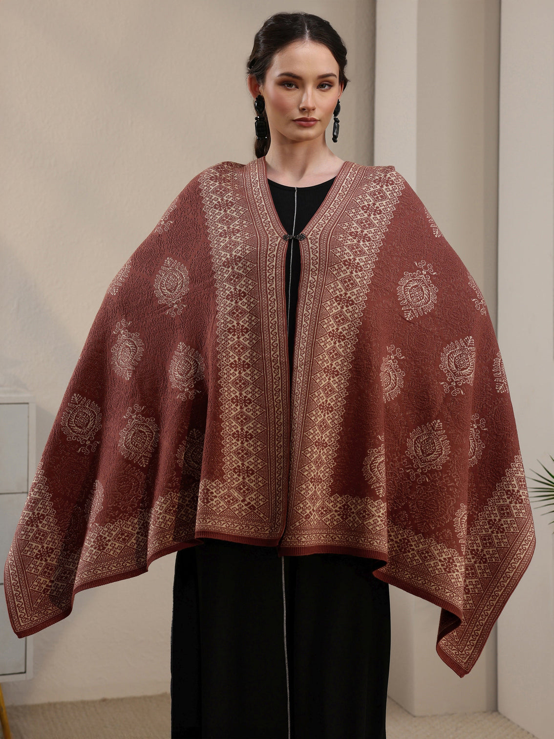 Mameraa Rust Brown Ethnic Embroidered Acrylic Wrap Shawl