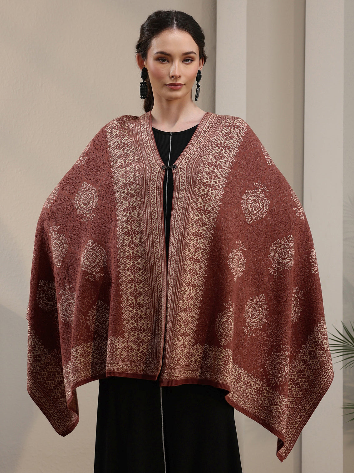Mameraa Rust Brown Ethnic Embroidered Acrylic Wrap Shawl
