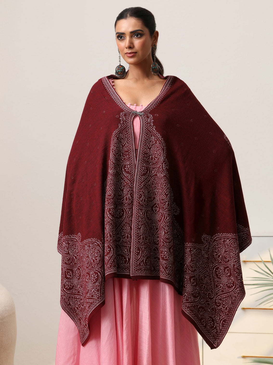Mameraa Maroon Knitted Acrylic Wrap Shawl