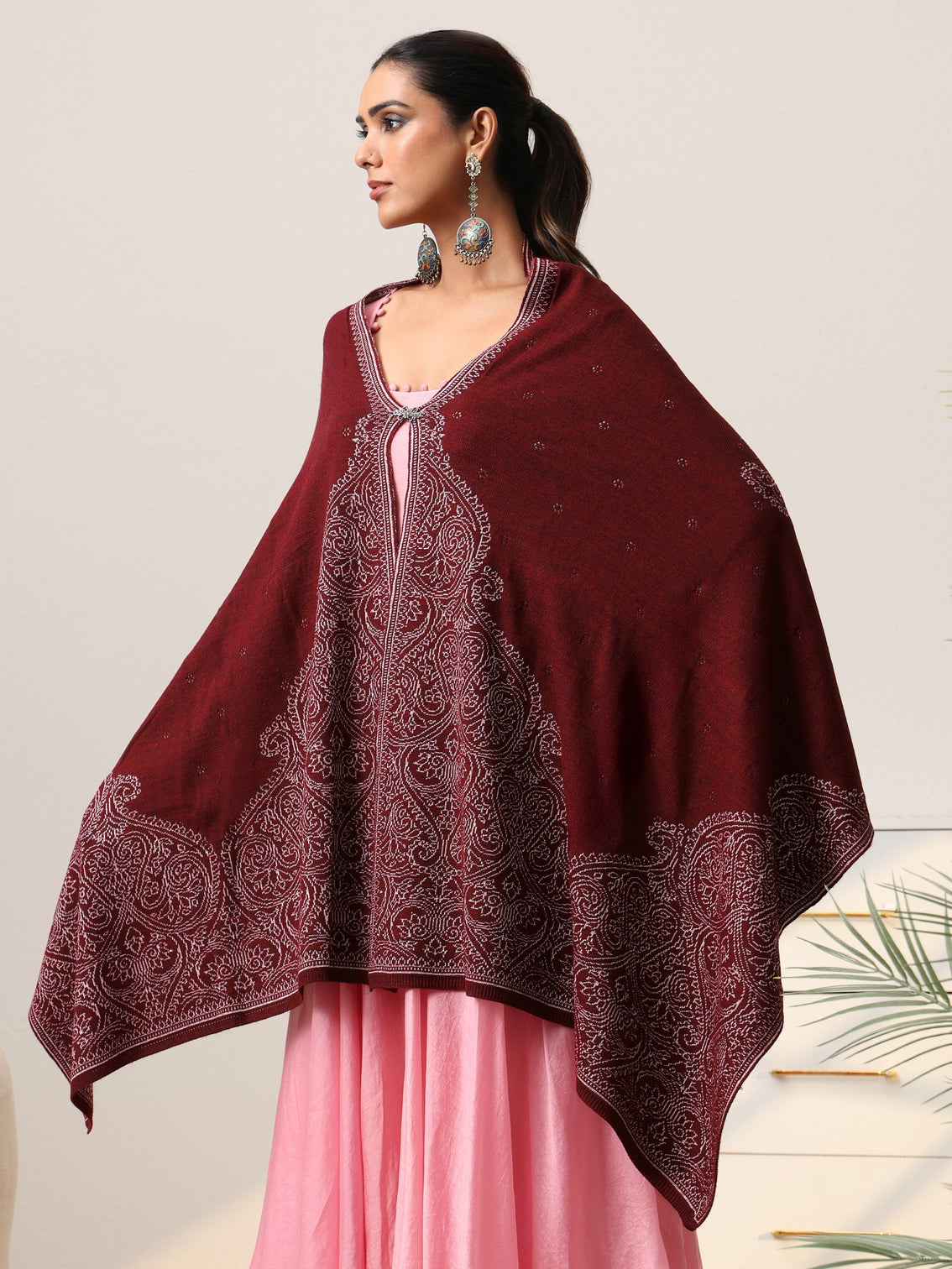 Mameraa Maroon Knitted Acrylic Wrap Shawl