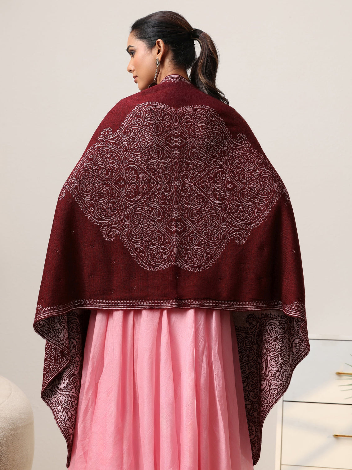 Mameraa Maroon Knitted Acrylic Wrap Shawl