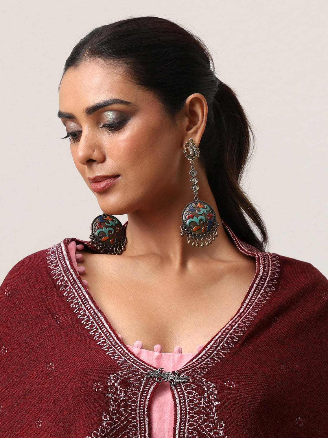 Mameraa Maroon Knitted Acrylic Wrap Shawl