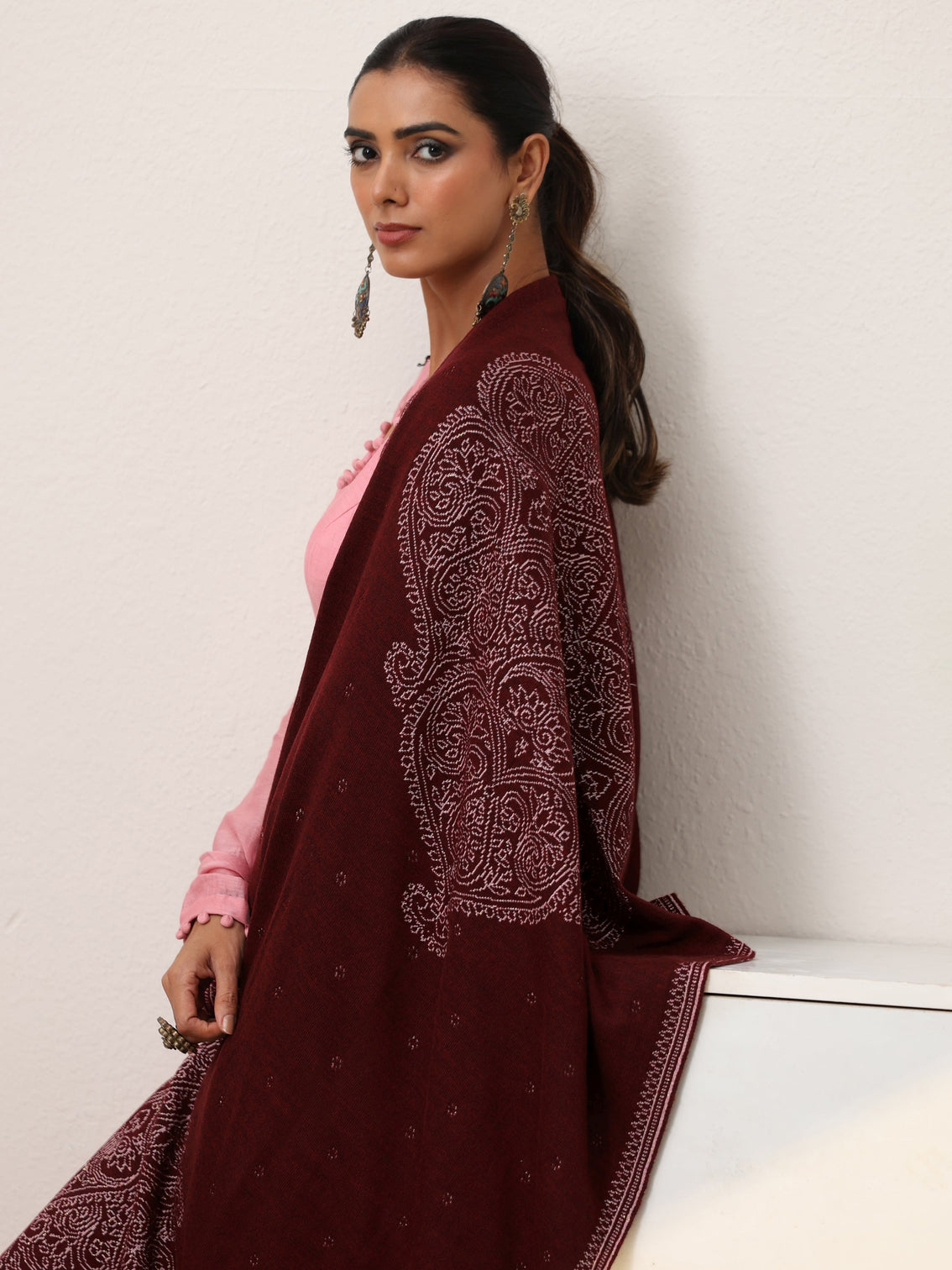 Mameraa Maroon Knitted Acrylic Wrap Shawl
