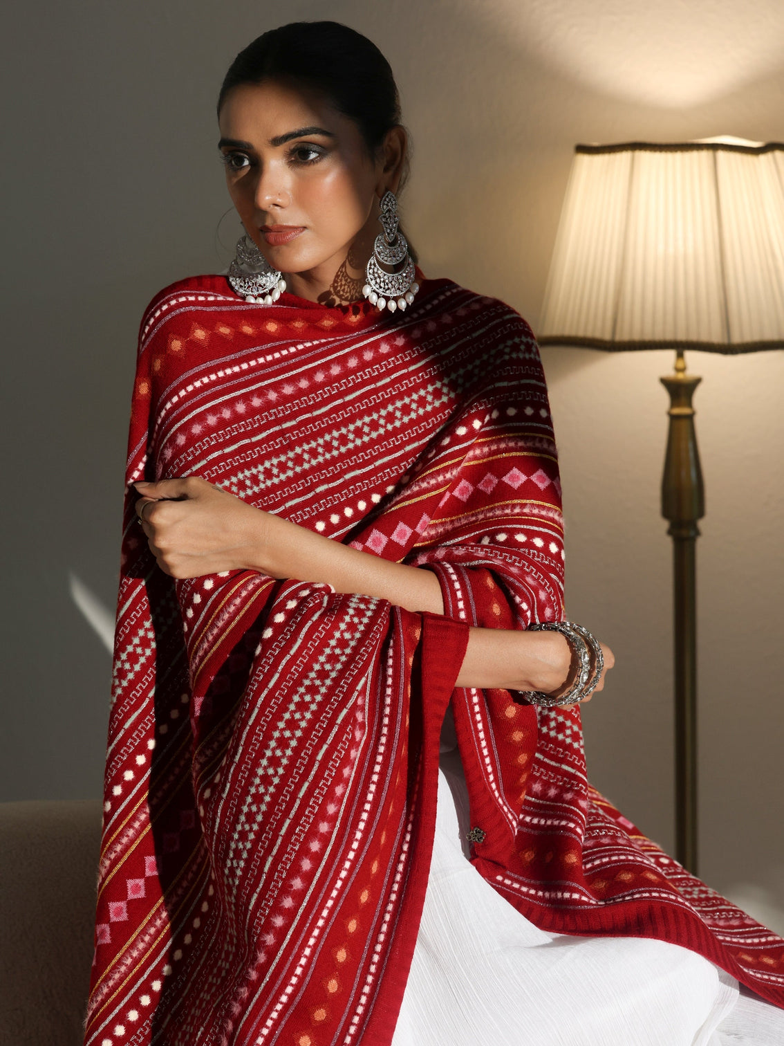 Mameraa Crimson Red Geometric Knitted Acrylic Wrap Shawl