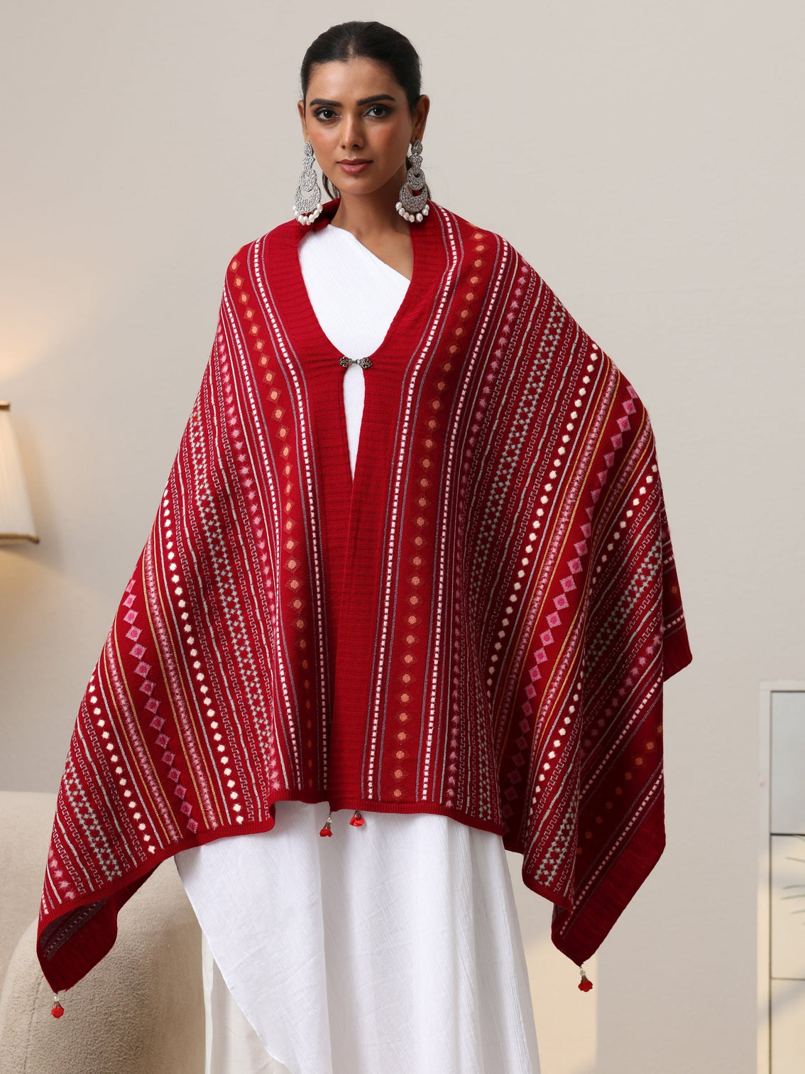 Mameraa Crimson Red Geometric Knitted Acrylic Wrap Shawl