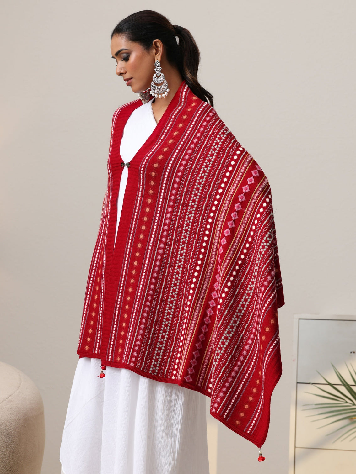 Mameraa Crimson Red Geometric Knitted Acrylic Wrap Shawl