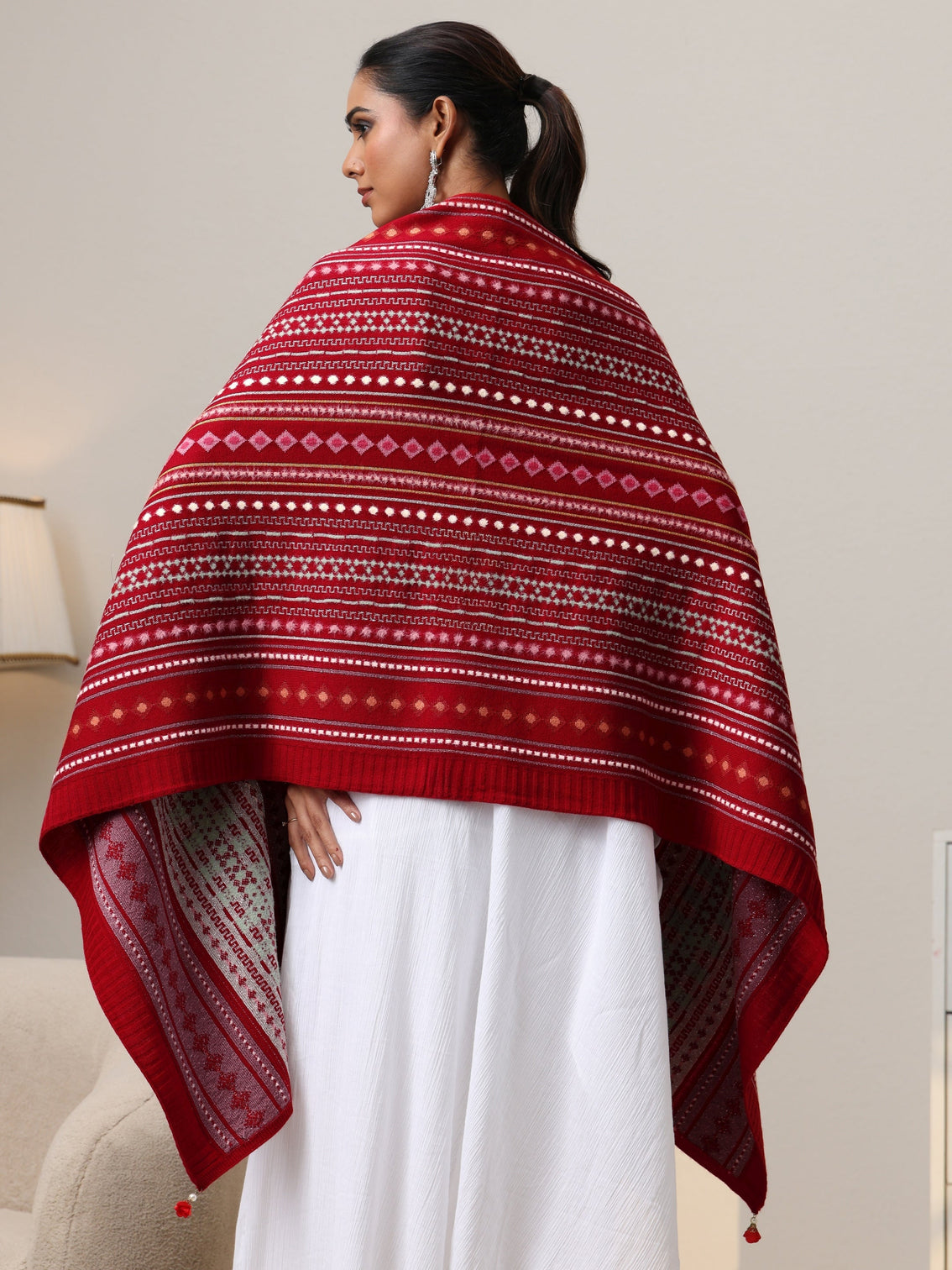 Mameraa Crimson Red Geometric Knitted Acrylic Wrap Shawl