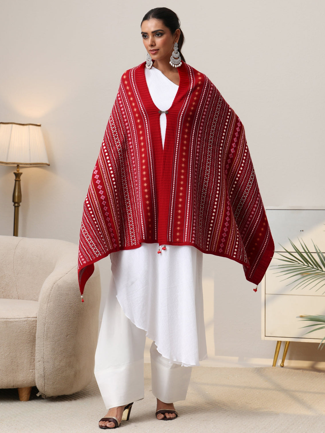 Mameraa Crimson Red Geometric Knitted Acrylic Wrap Shawl