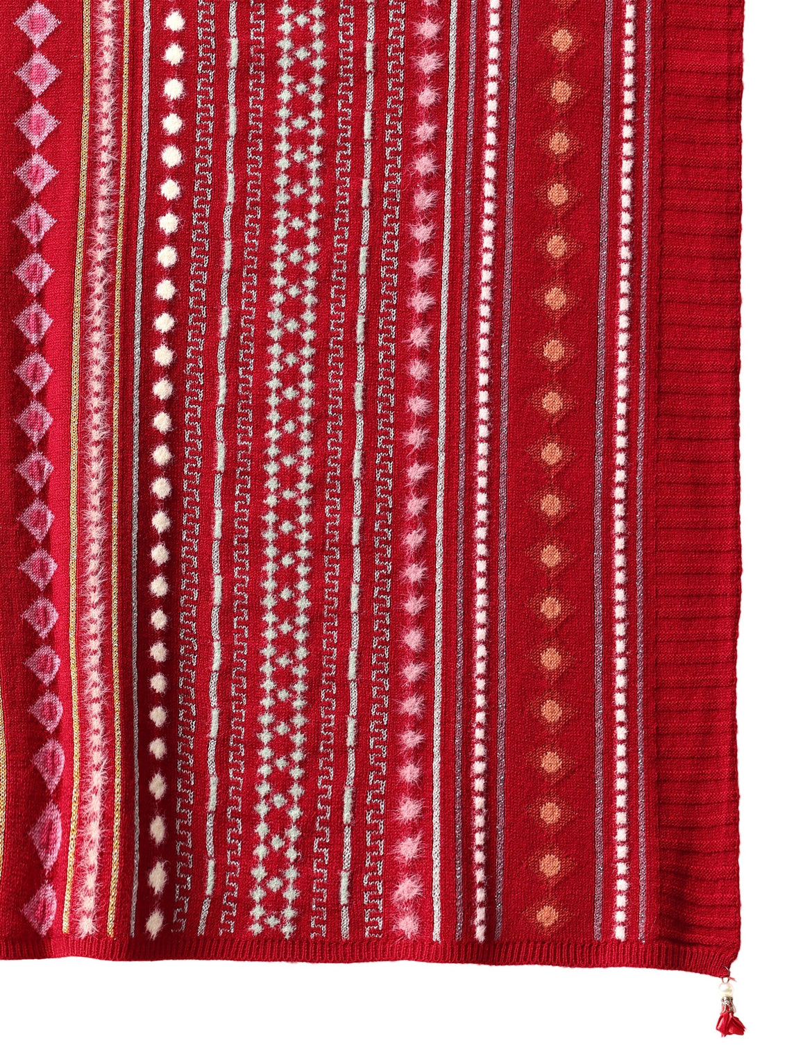 Mameraa Crimson Red Geometric Knitted Acrylic Wrap Shawl