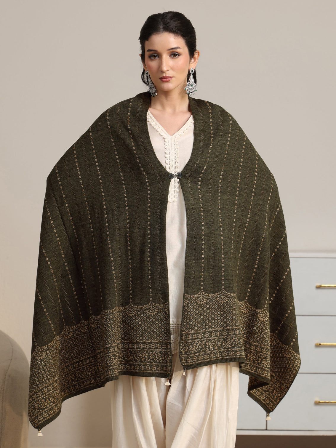 Mameraa Olive Green Embrodiered Acrylic Wrap Shawl