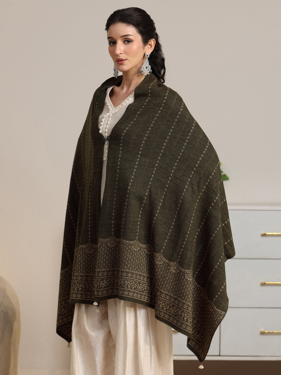 Mameraa Olive Green Embrodiered Acrylic Wrap Shawl