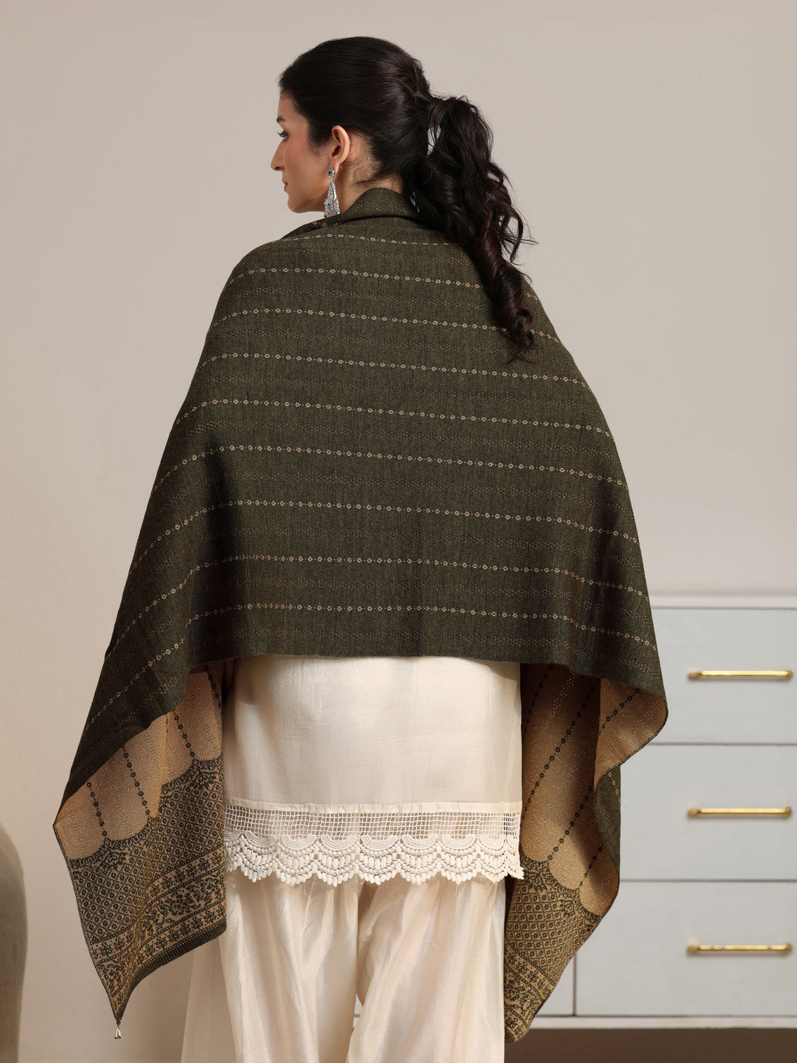 Mameraa Olive Green Embrodiered Acrylic Wrap Shawl
