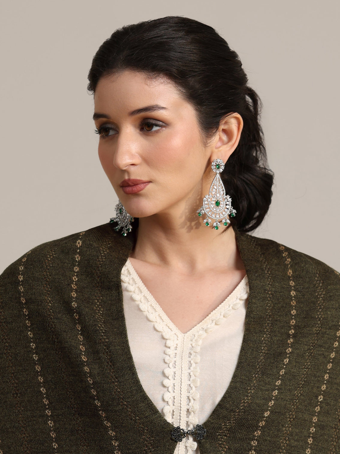 Mameraa Olive Green Embrodiered Acrylic Wrap Shawl