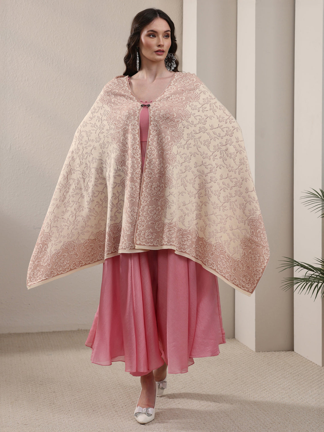 Mameraa Off White Floral Embroidered Acrylic Wrap Shawl