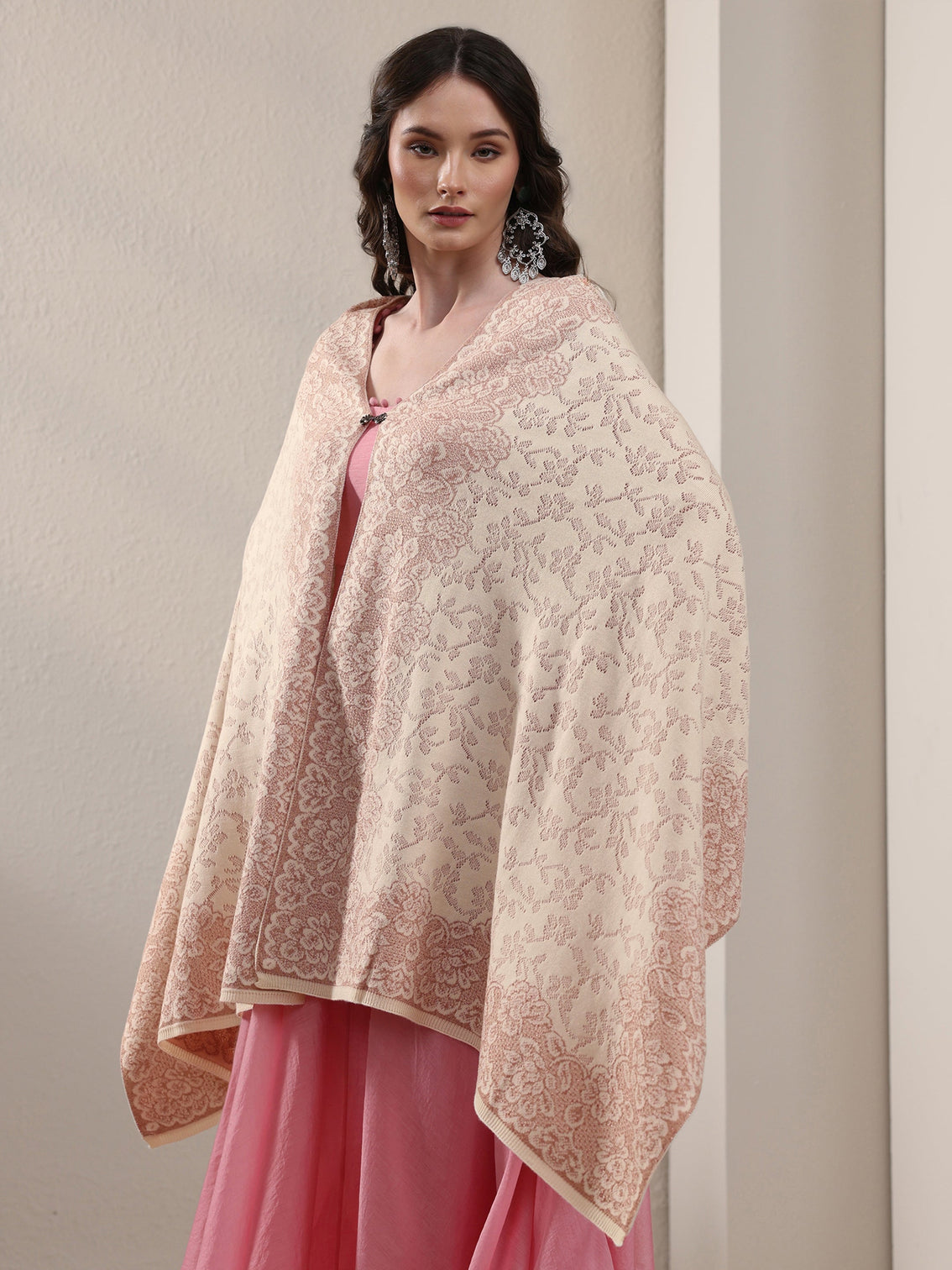 Mameraa Off White Floral Embroidered Acrylic Wrap Shawl