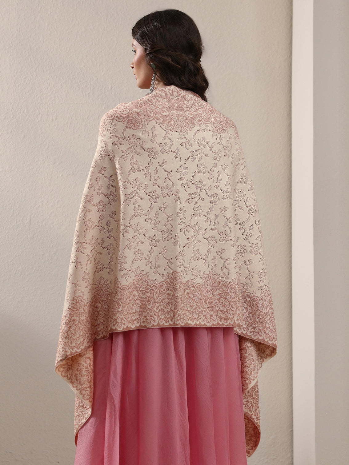 Mameraa Off White Floral Embroidered Acrylic Wrap Shawl